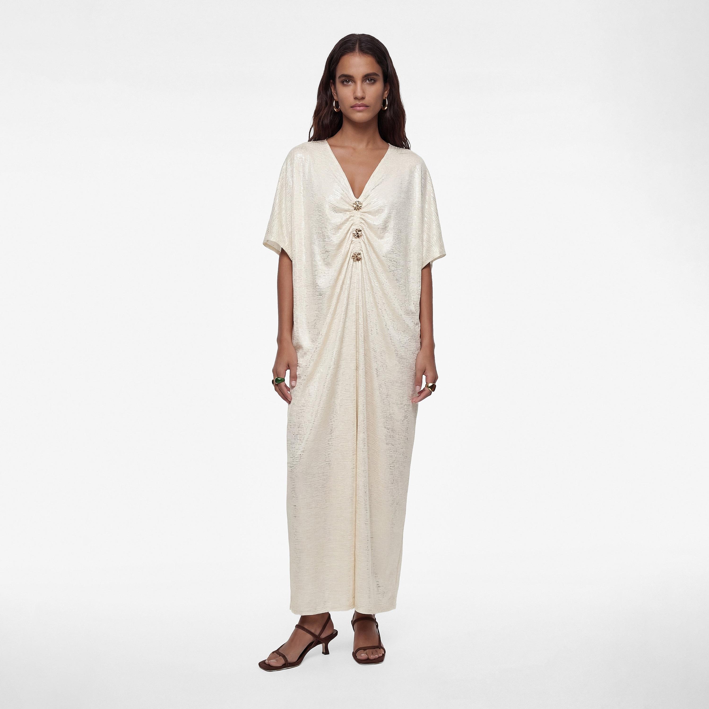 قفطان نسائي ماكسي بتصميم "تيكستشرد" بارز بلون كريمي من كوتون-women-clothing-dresses-image-1