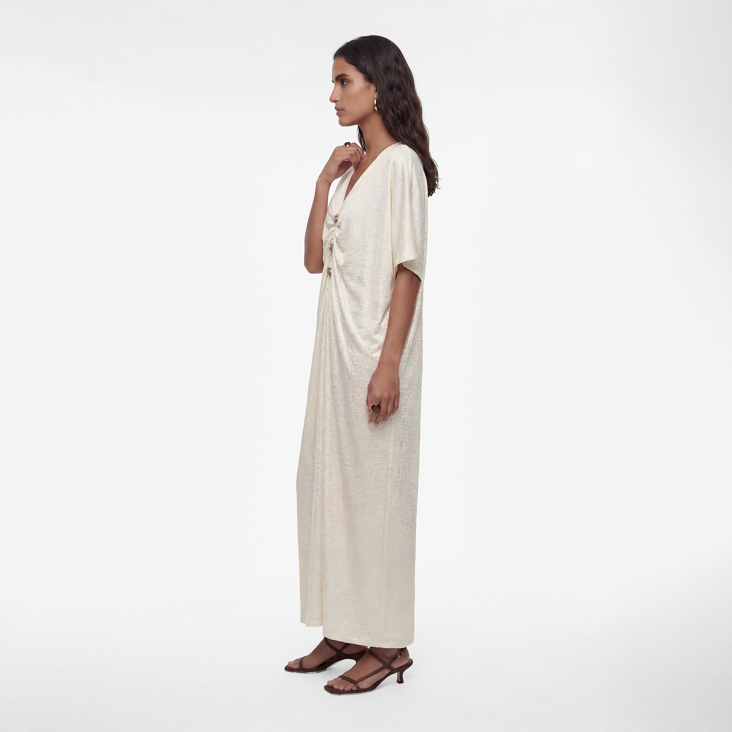 قفطان نسائي ماكسي بتصميم "تيكستشرد" بارز بلون كريمي من كوتون-women-clothing-dresses-image-2