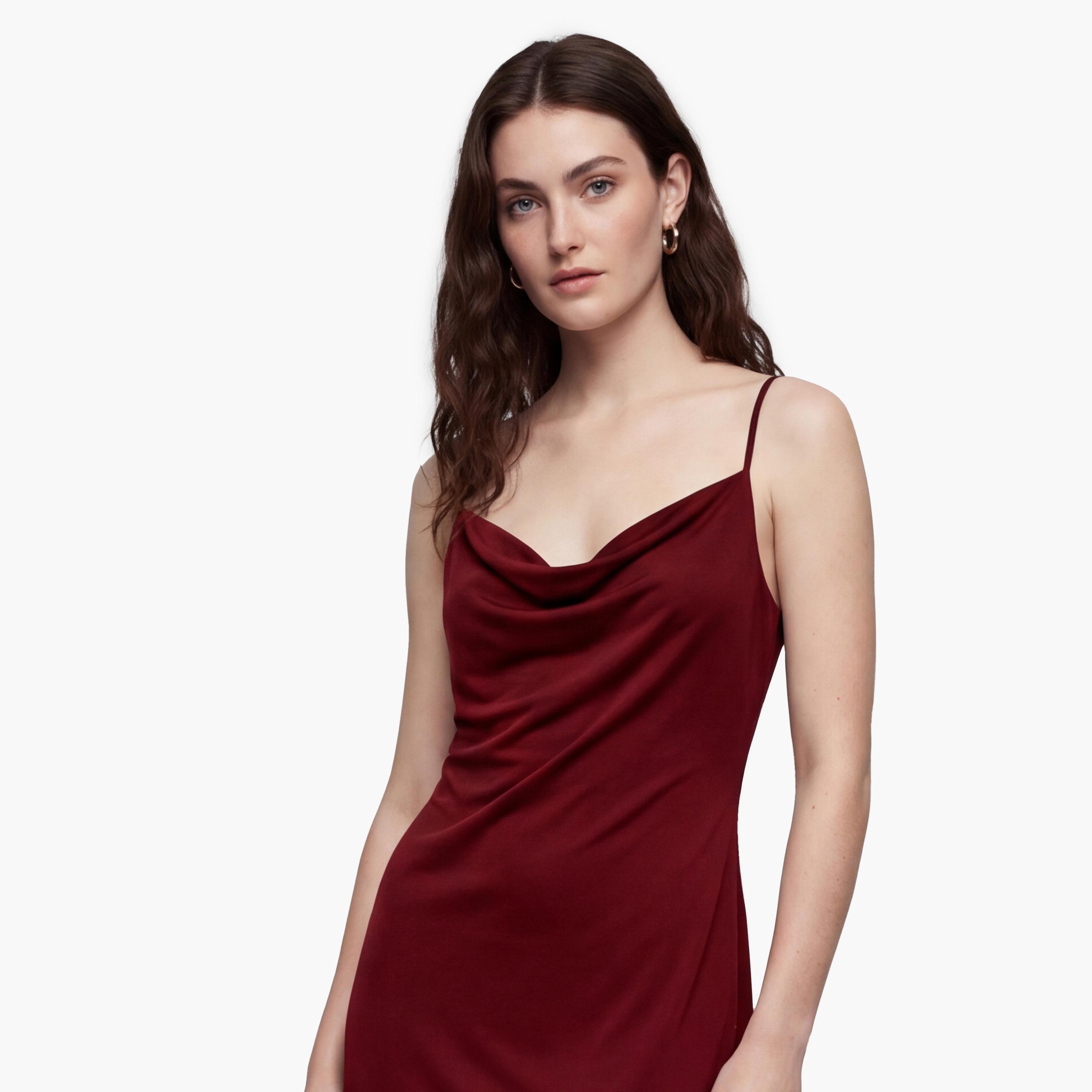 فستان ميني نسائي "سليب" بياقة "كاول نيك" منسدلة بلون أحمر من كوتون-women-clothing-dresses-image-5