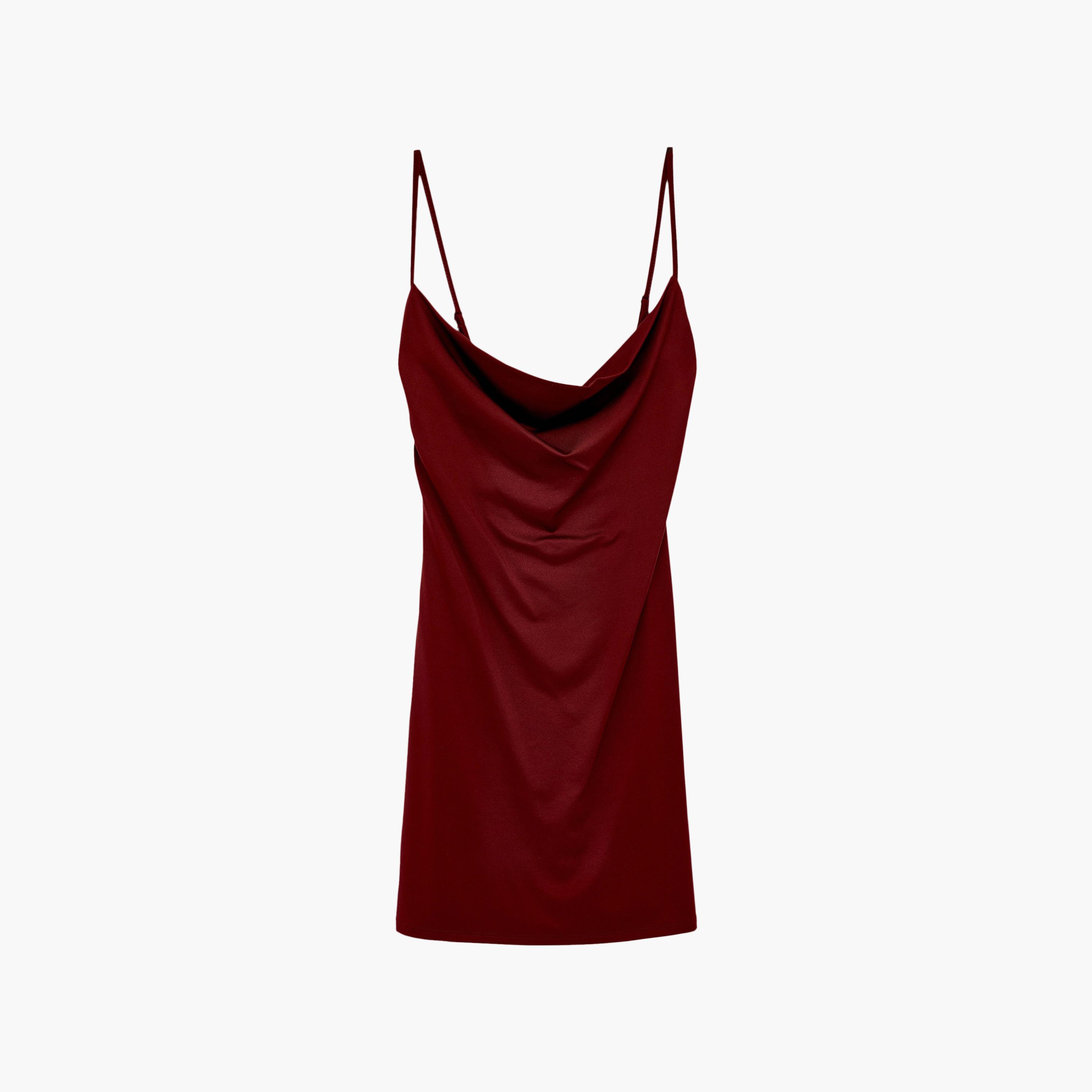 فستان ميني نسائي "سليب" بياقة "كاول نيك" منسدلة بلون أحمر من كوتون-women-clothing-dresses-image-6