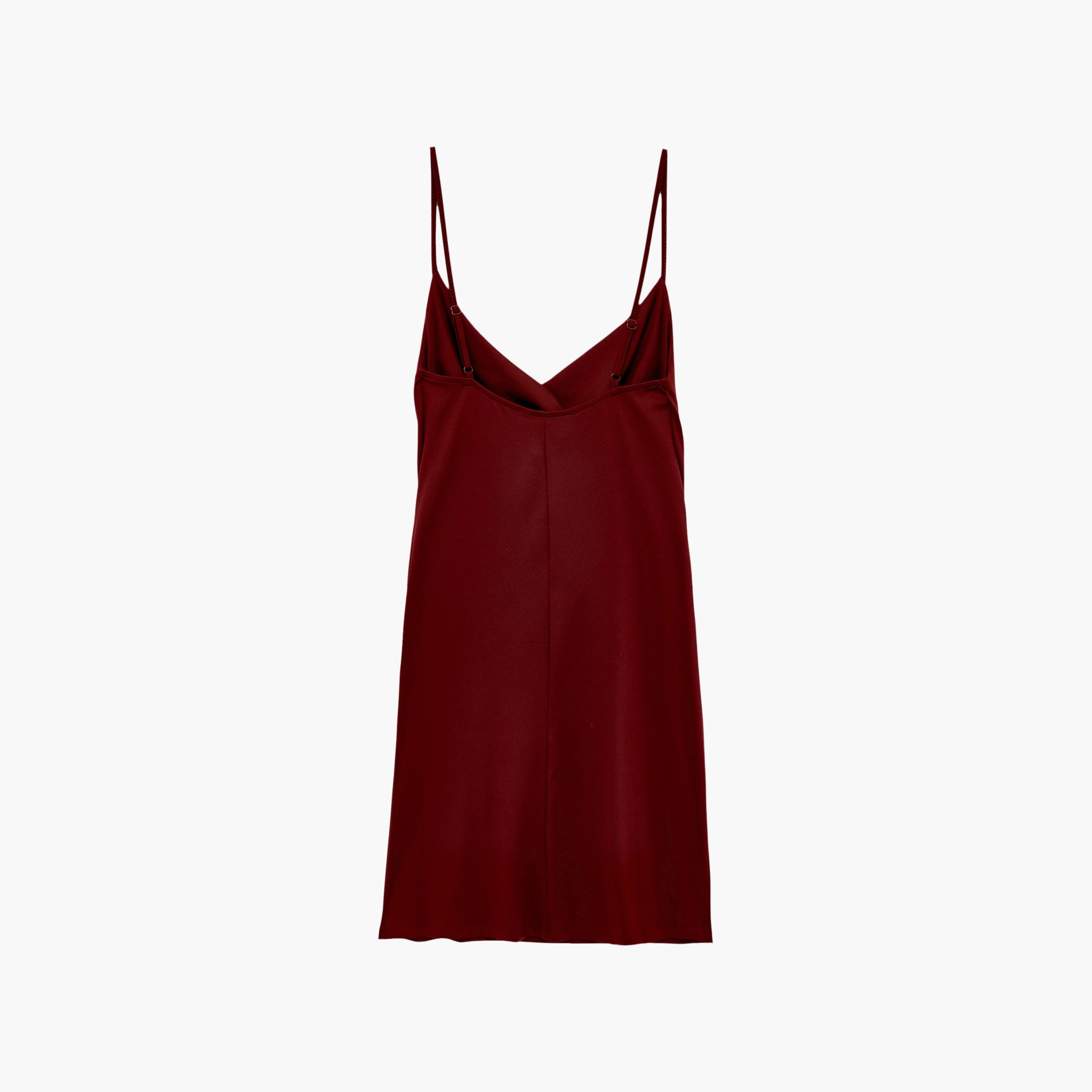 فستان ميني نسائي "سليب" بياقة "كاول نيك" منسدلة بلون أحمر من كوتون-women-clothing-dresses-image-7