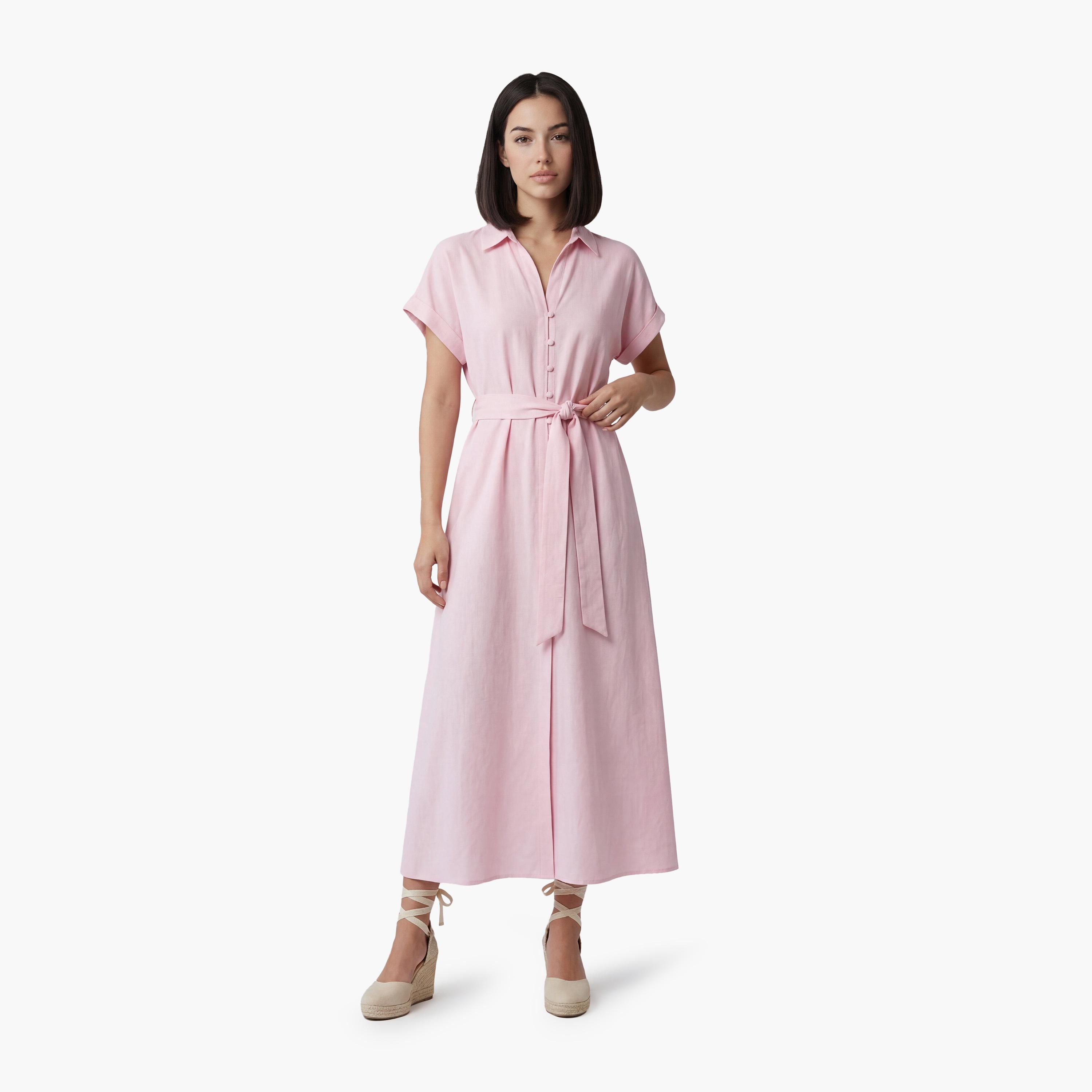 فستان ماكسي نسائي بتصميم قميص "شيرت" بياقة بلون وردي من كوتون-women-clothing-dresses-image-1