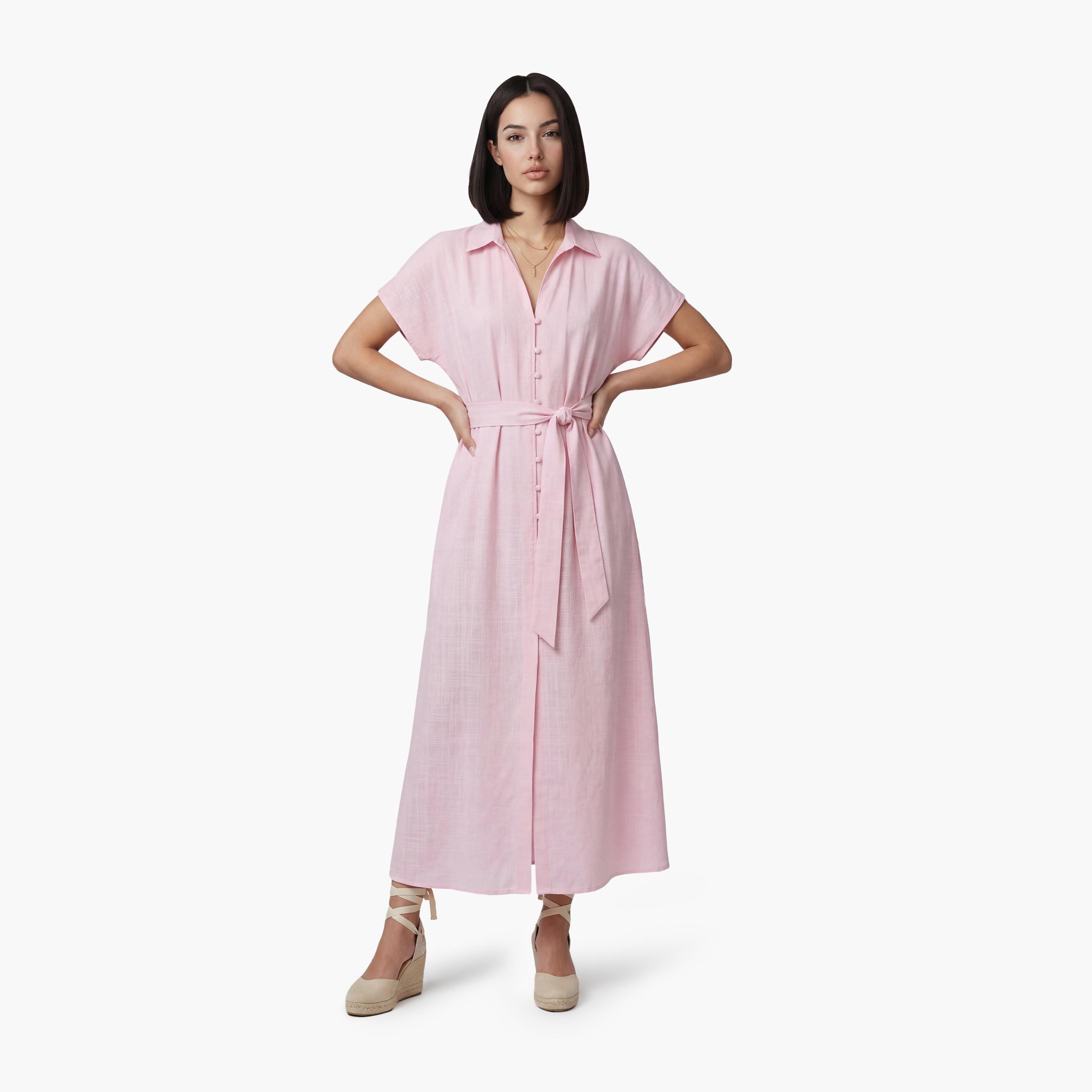 فستان ماكسي نسائي بتصميم قميص "شيرت" بياقة بلون وردي من كوتون-women-clothing-dresses-image-2