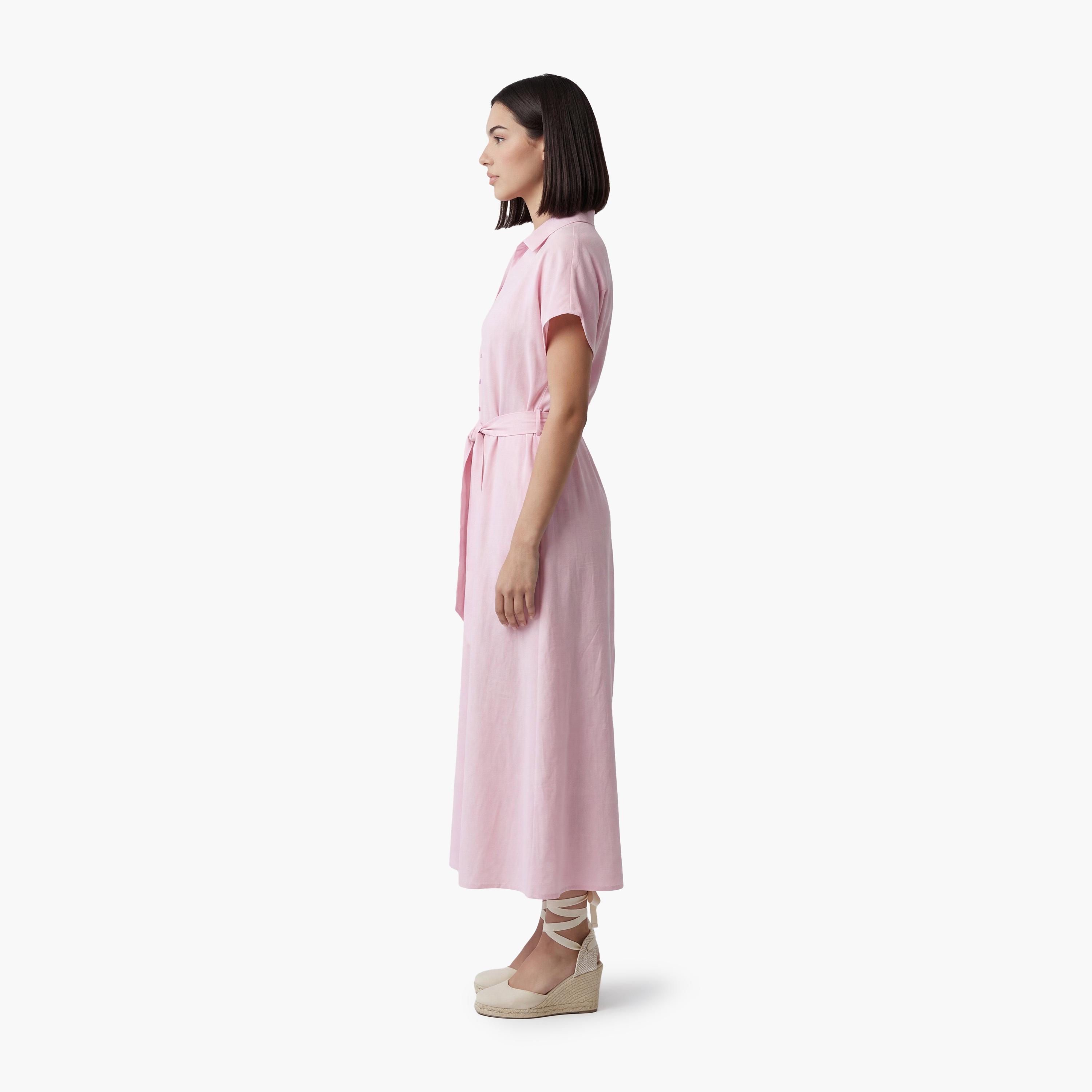 فستان ماكسي نسائي بتصميم قميص "شيرت" بياقة بلون وردي من كوتون-women-clothing-dresses-image-3