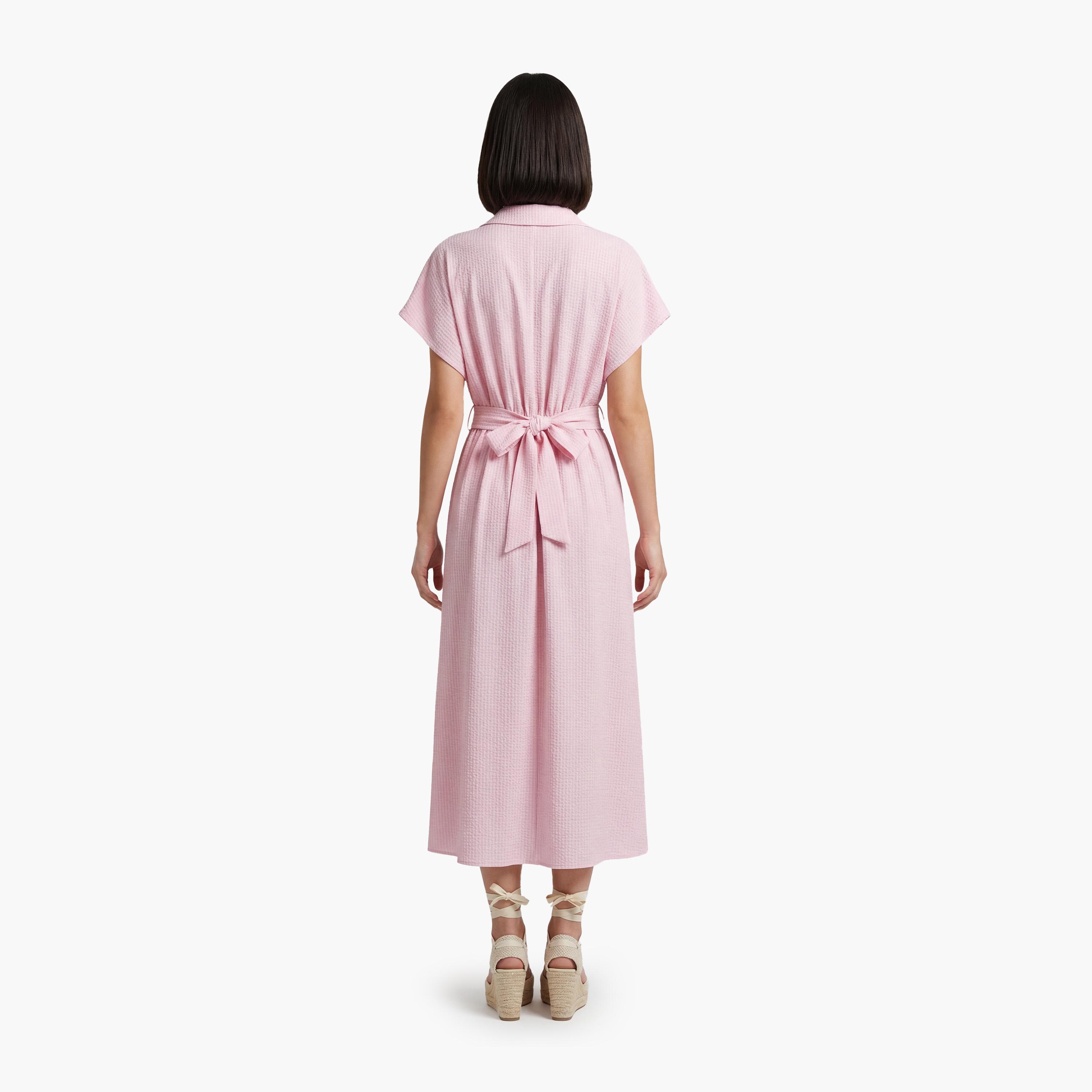 فستان ماكسي نسائي بتصميم قميص "شيرت" بياقة بلون وردي من كوتون-women-clothing-dresses-image-4