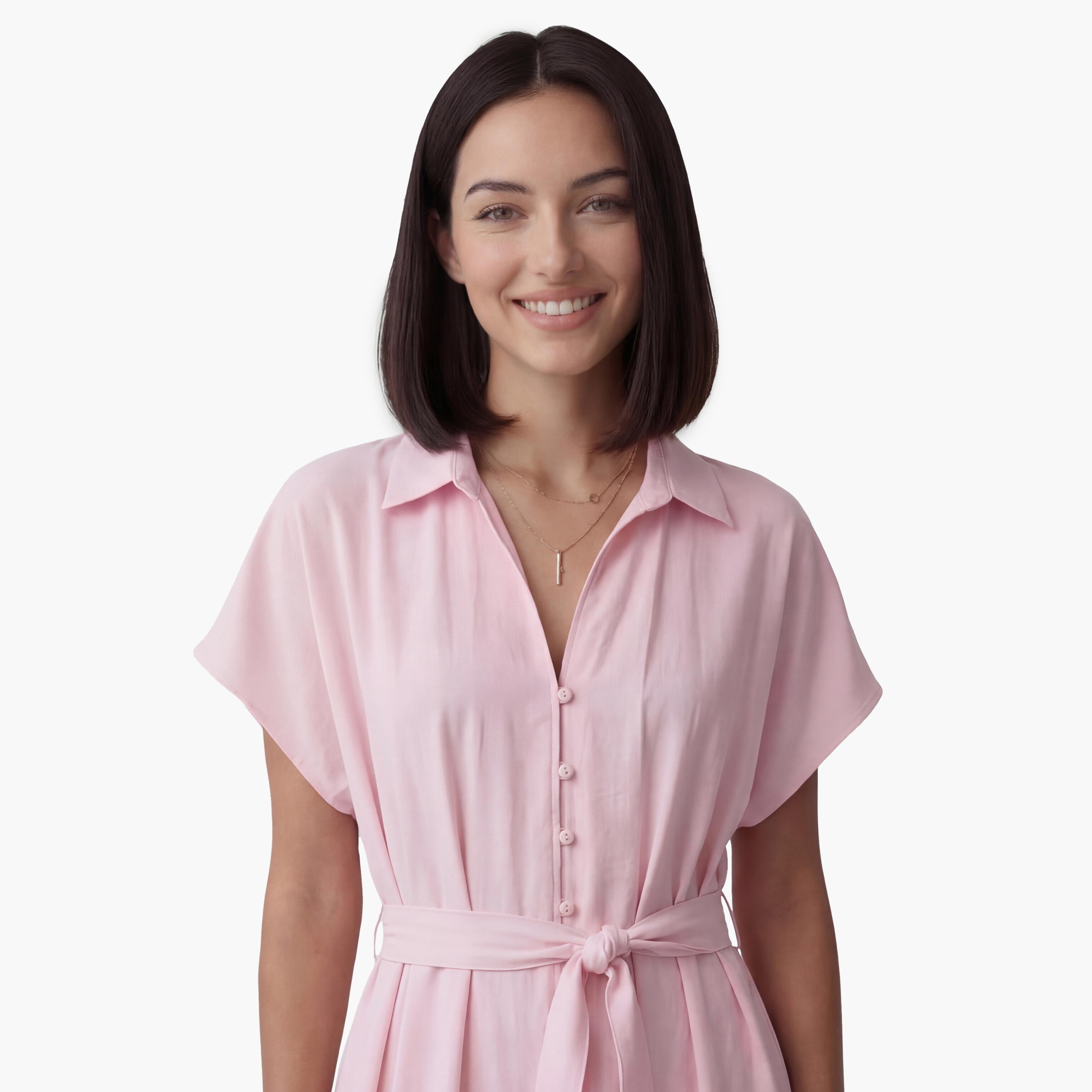 فستان ماكسي نسائي بتصميم قميص "شيرت" بياقة بلون وردي من كوتون-women-clothing-dresses-image-5
