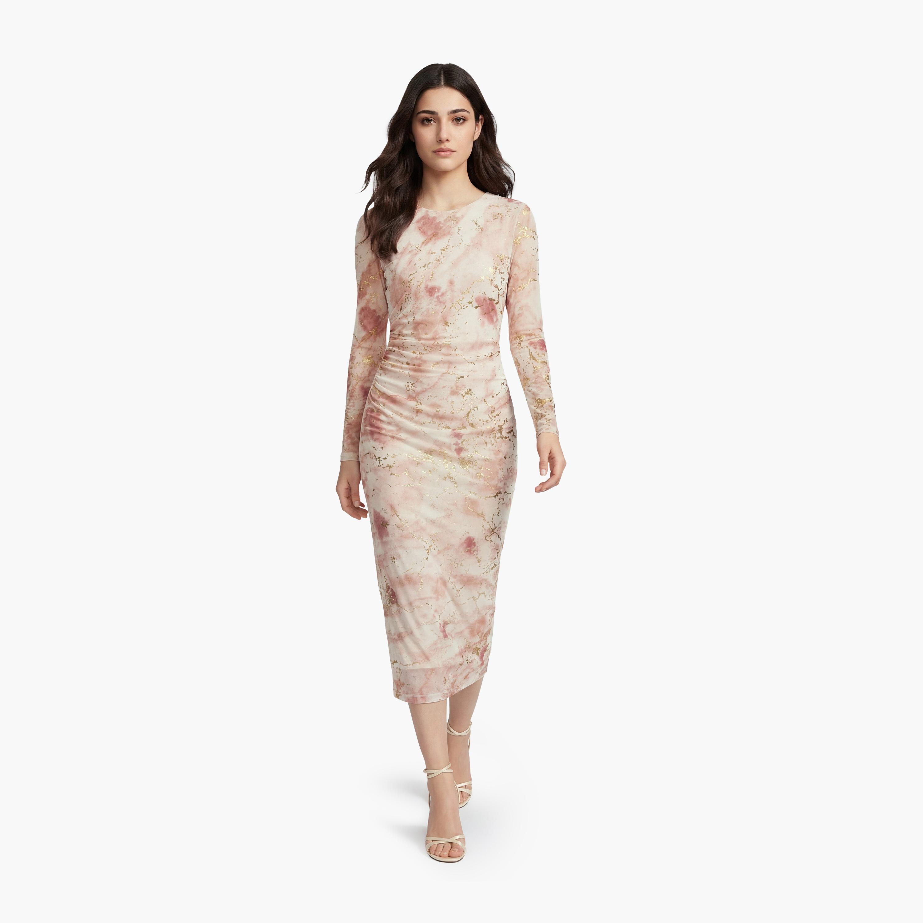فستان ميدي نسائي "بودي كون" بطبعة "فويل" تجريدية بلون كريمي من كوتون-women-clothing-dresses-image-1
