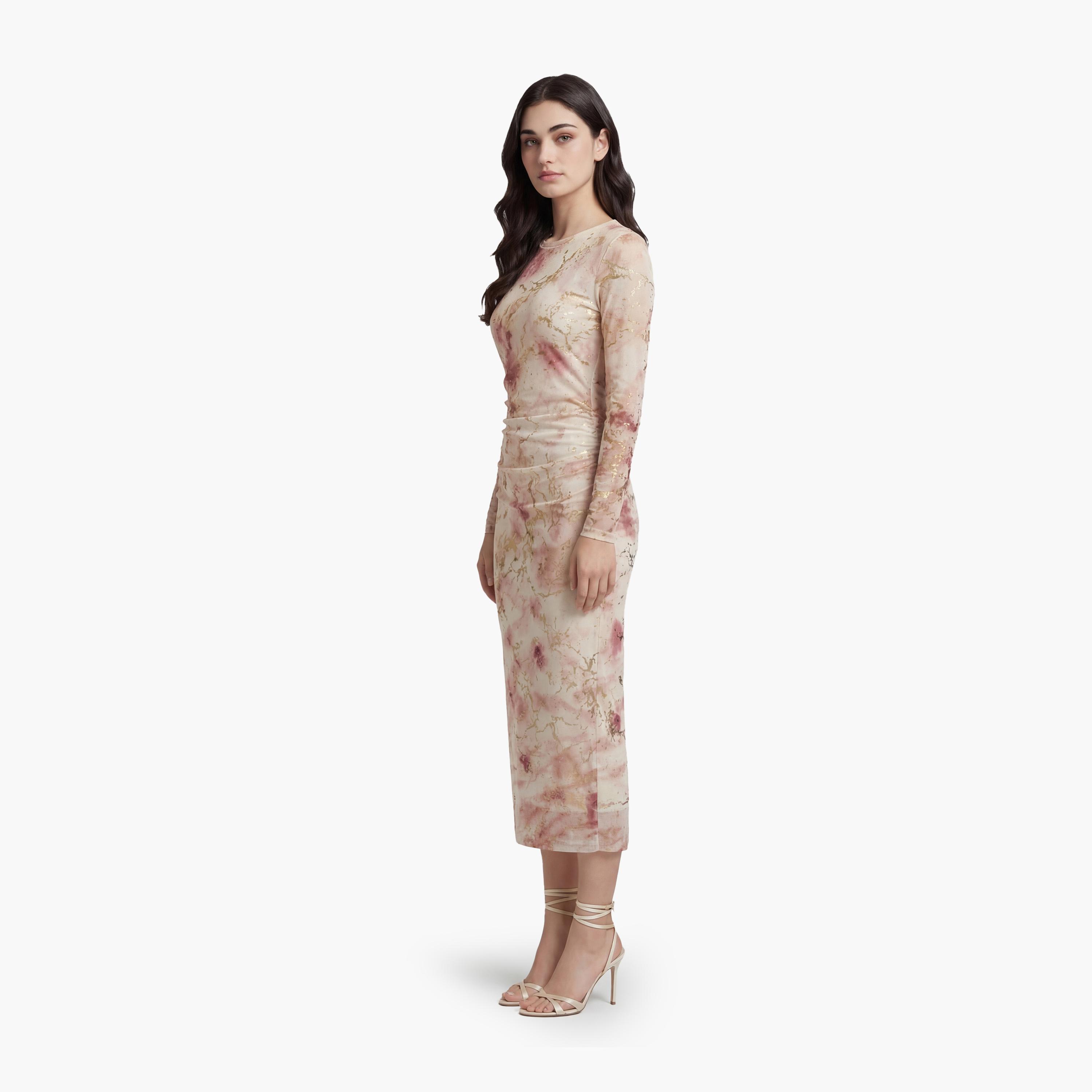 فستان ميدي نسائي "بودي كون" بطبعة "فويل" تجريدية بلون كريمي من كوتون-women-clothing-dresses-image-2