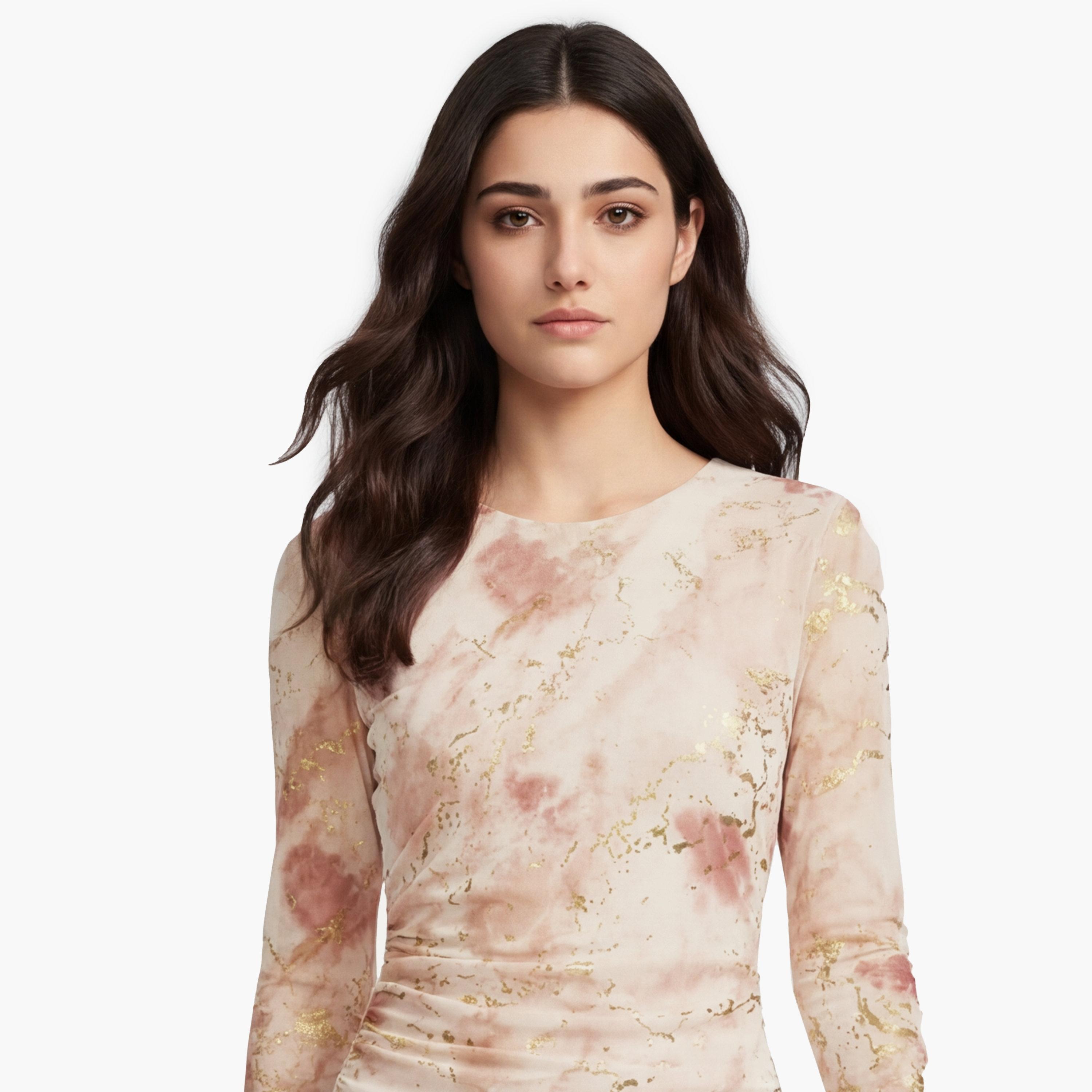 فستان ميدي نسائي "بودي كون" بطبعة "فويل" تجريدية بلون كريمي من كوتون-women-clothing-dresses-image-4