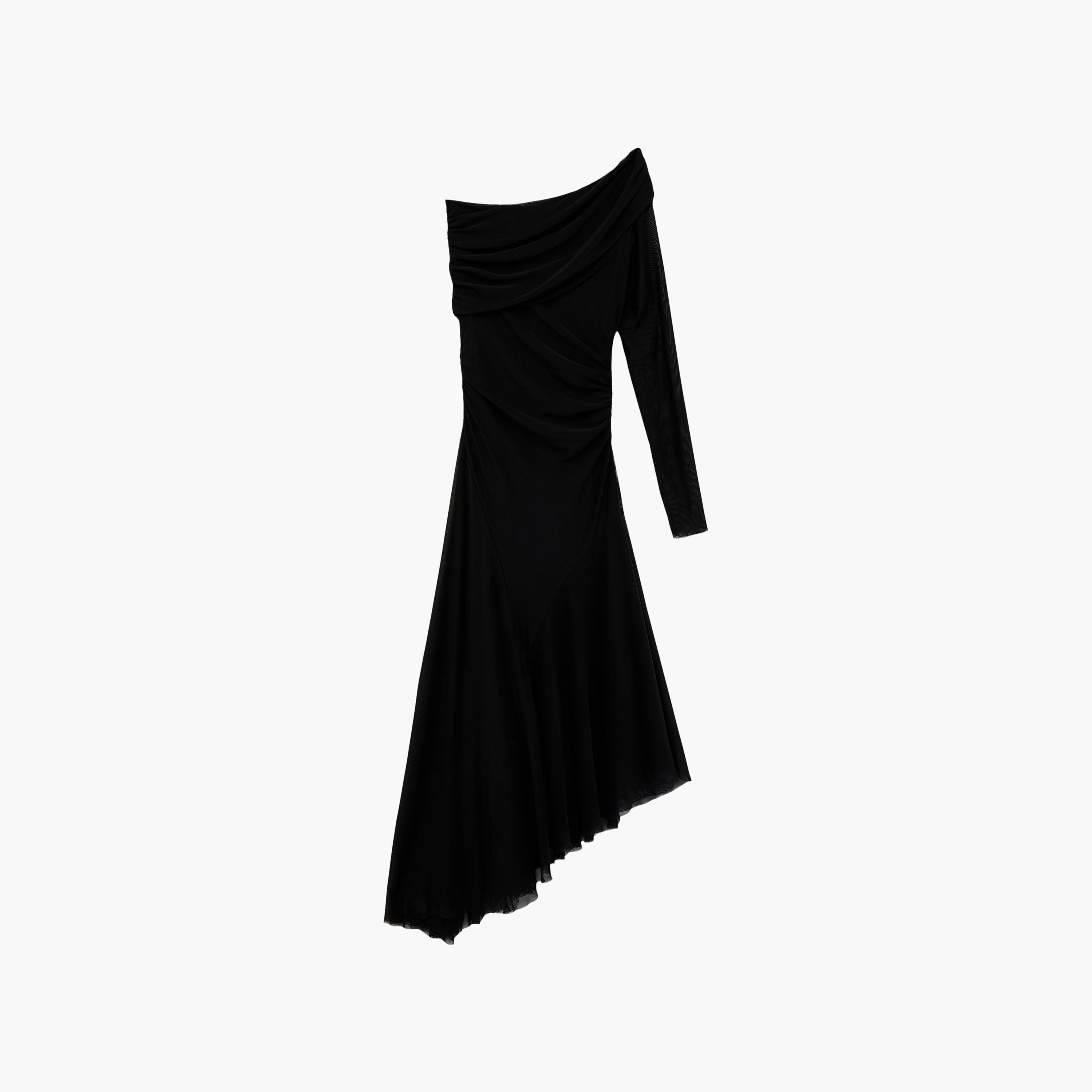 فستان ميدي نسائي "أسيمتريك" غير متماثل بكتف واحد بلون أسود من كوتون-women-clothing-dresses-image-3