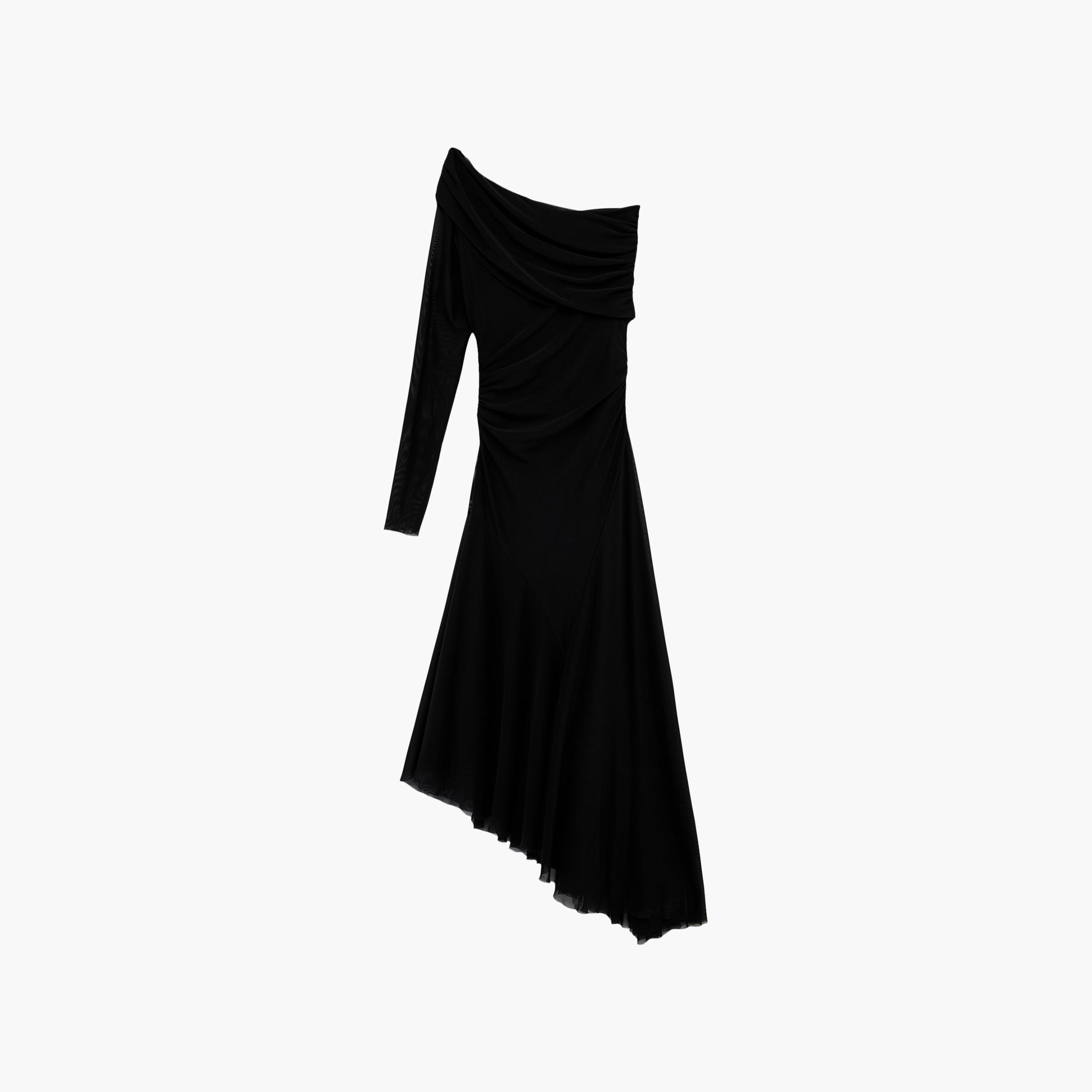 فستان ميدي نسائي "أسيمتريك" غير متماثل بكتف واحد بلون أسود من كوتون-women-clothing-dresses-image-4