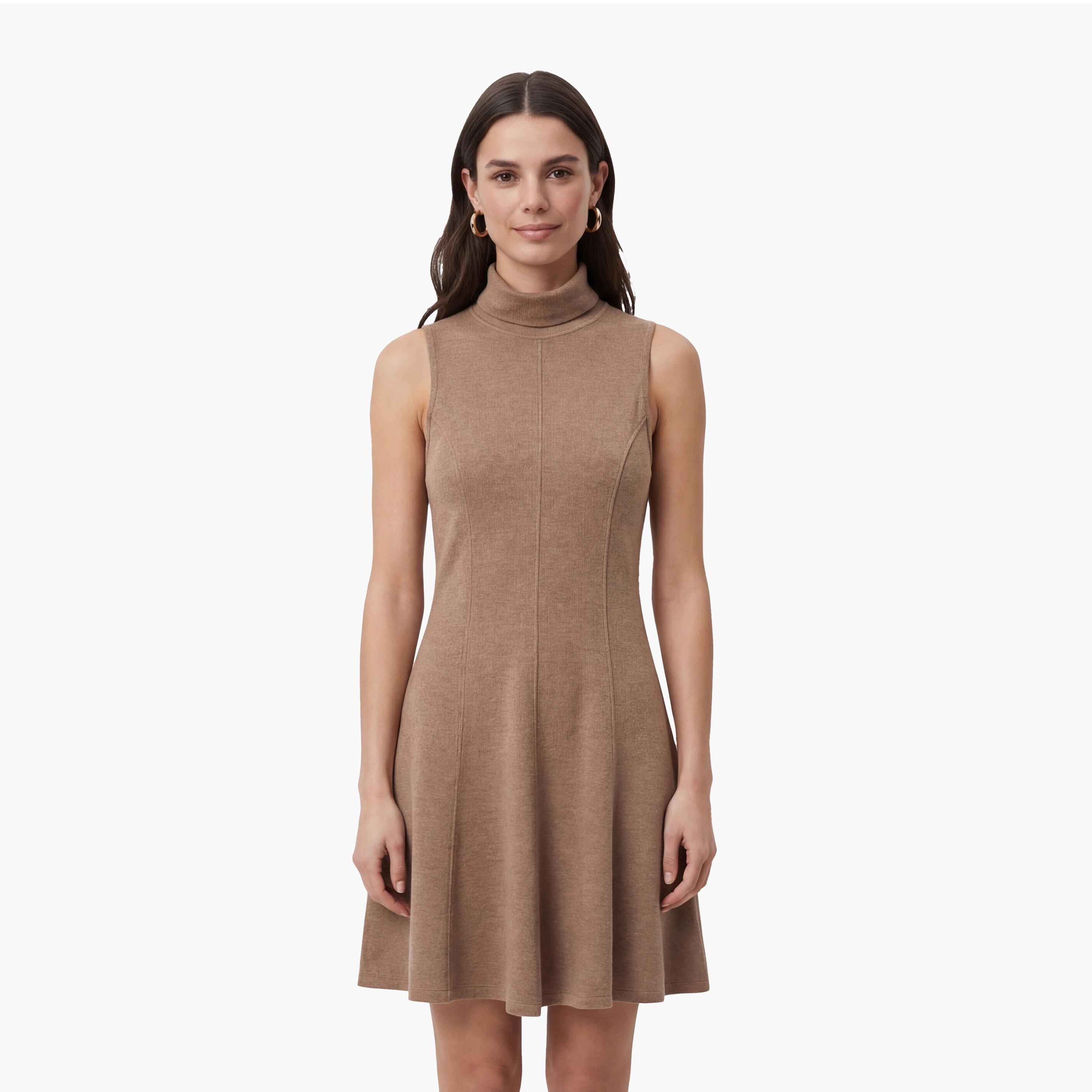 فستان ميني نسائي "سكاتر" بياقة "هاي نيك" عالية بلون بيج من كوتون-women-clothing-dresses-image-1