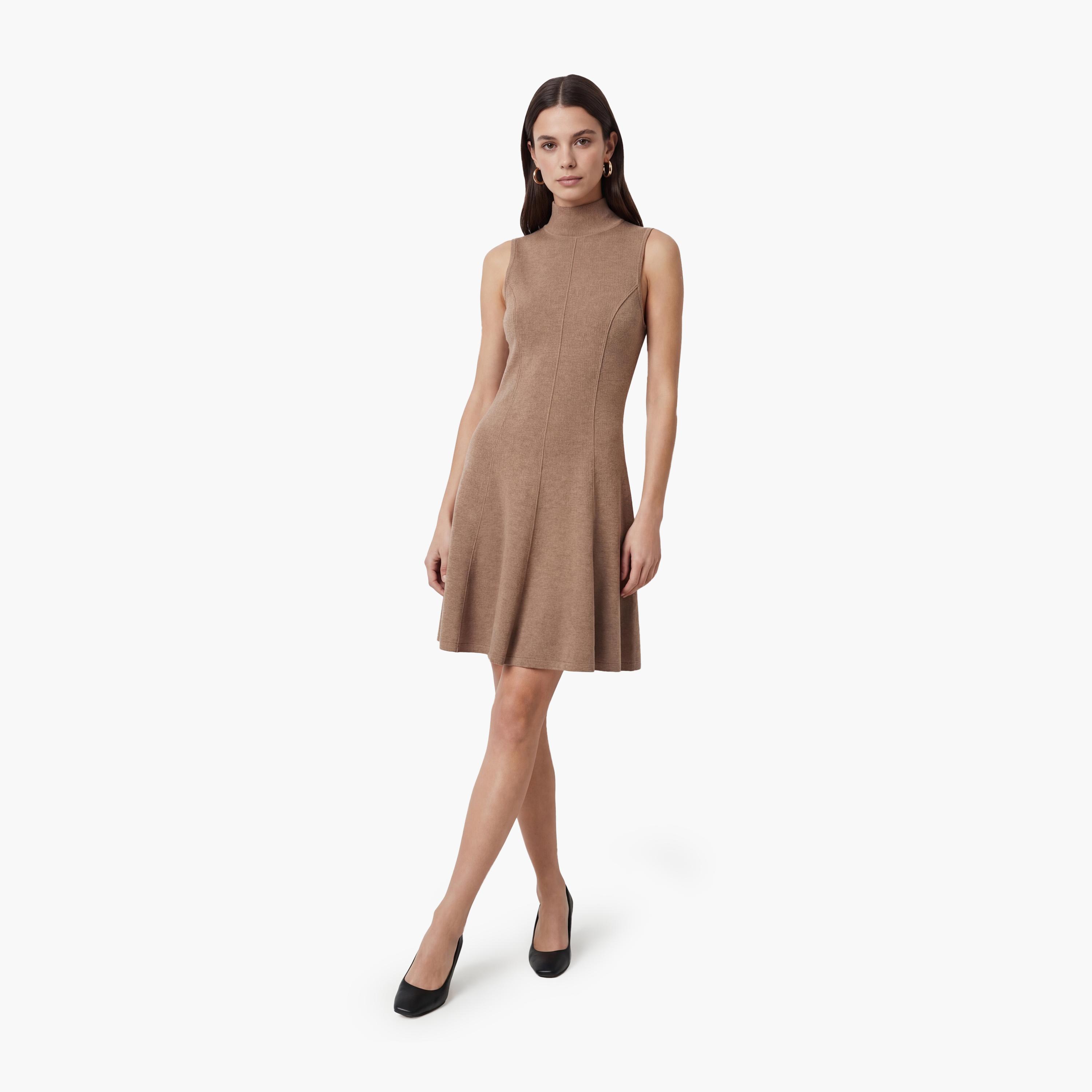 فستان ميني نسائي "سكاتر" بياقة "هاي نيك" عالية بلون بيج من كوتون-women-clothing-dresses-image-2