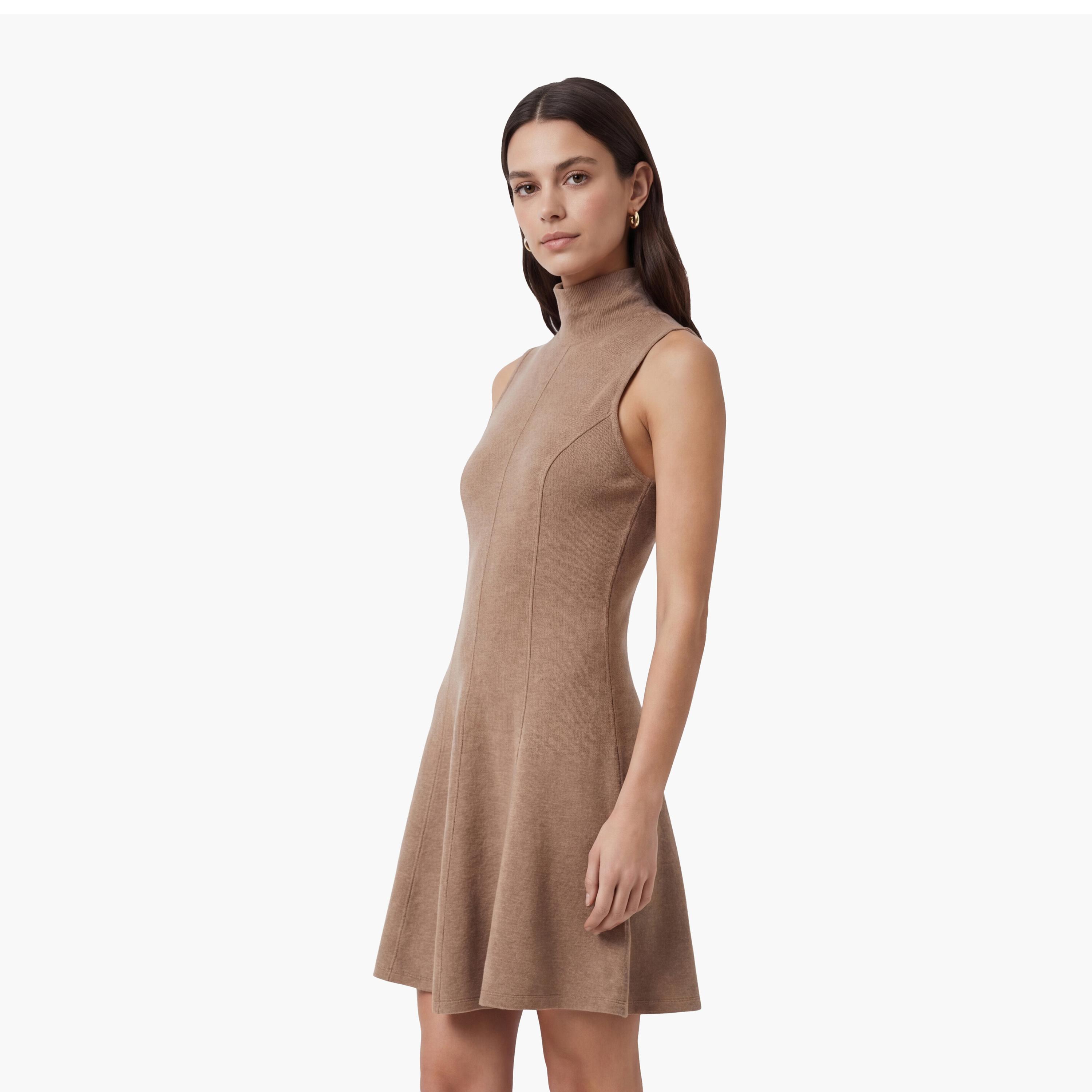 فستان ميني نسائي "سكاتر" بياقة "هاي نيك" عالية بلون بيج من كوتون-women-clothing-dresses-image-3
