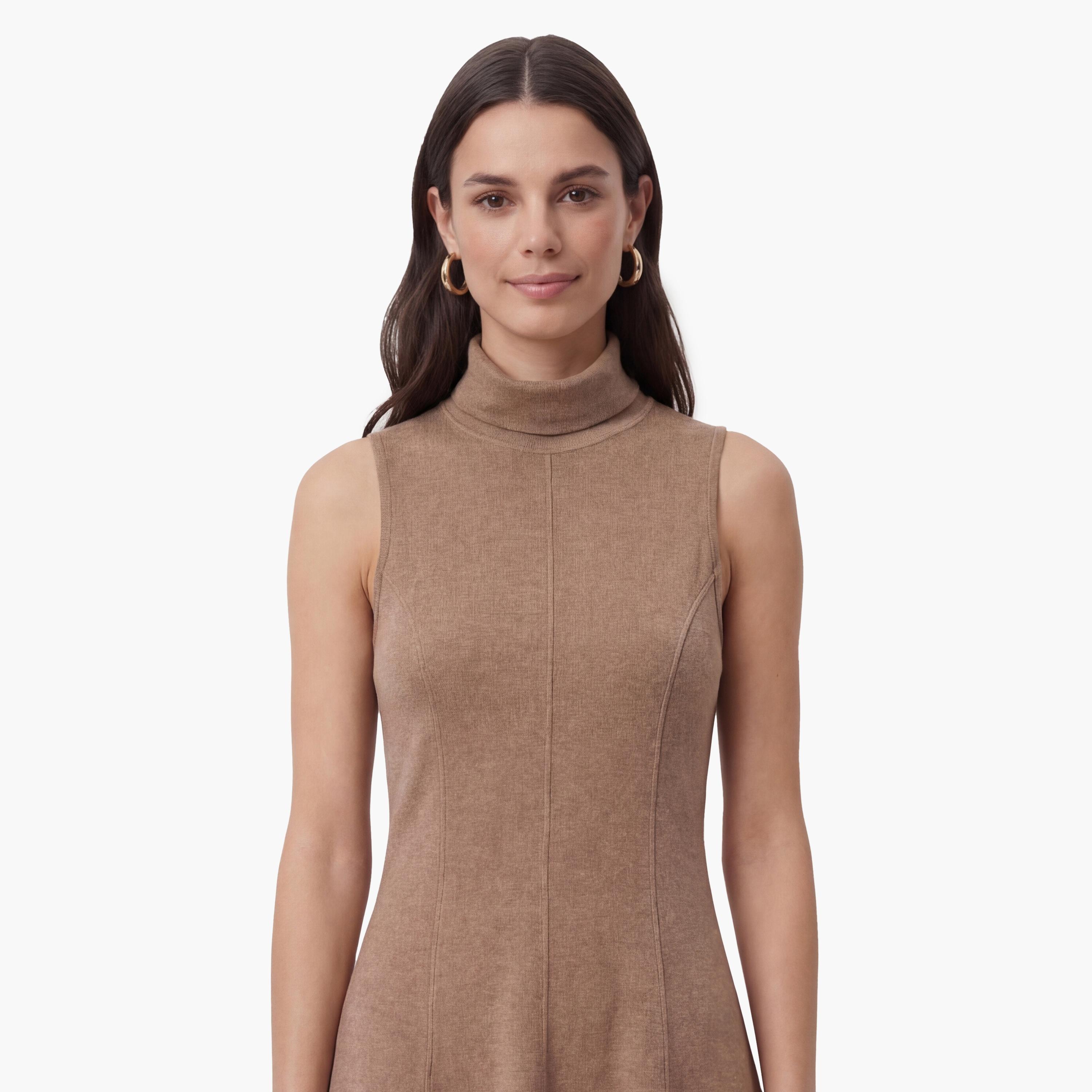 فستان ميني نسائي "سكاتر" بياقة "هاي نيك" عالية بلون بيج من كوتون-women-clothing-dresses-image-5