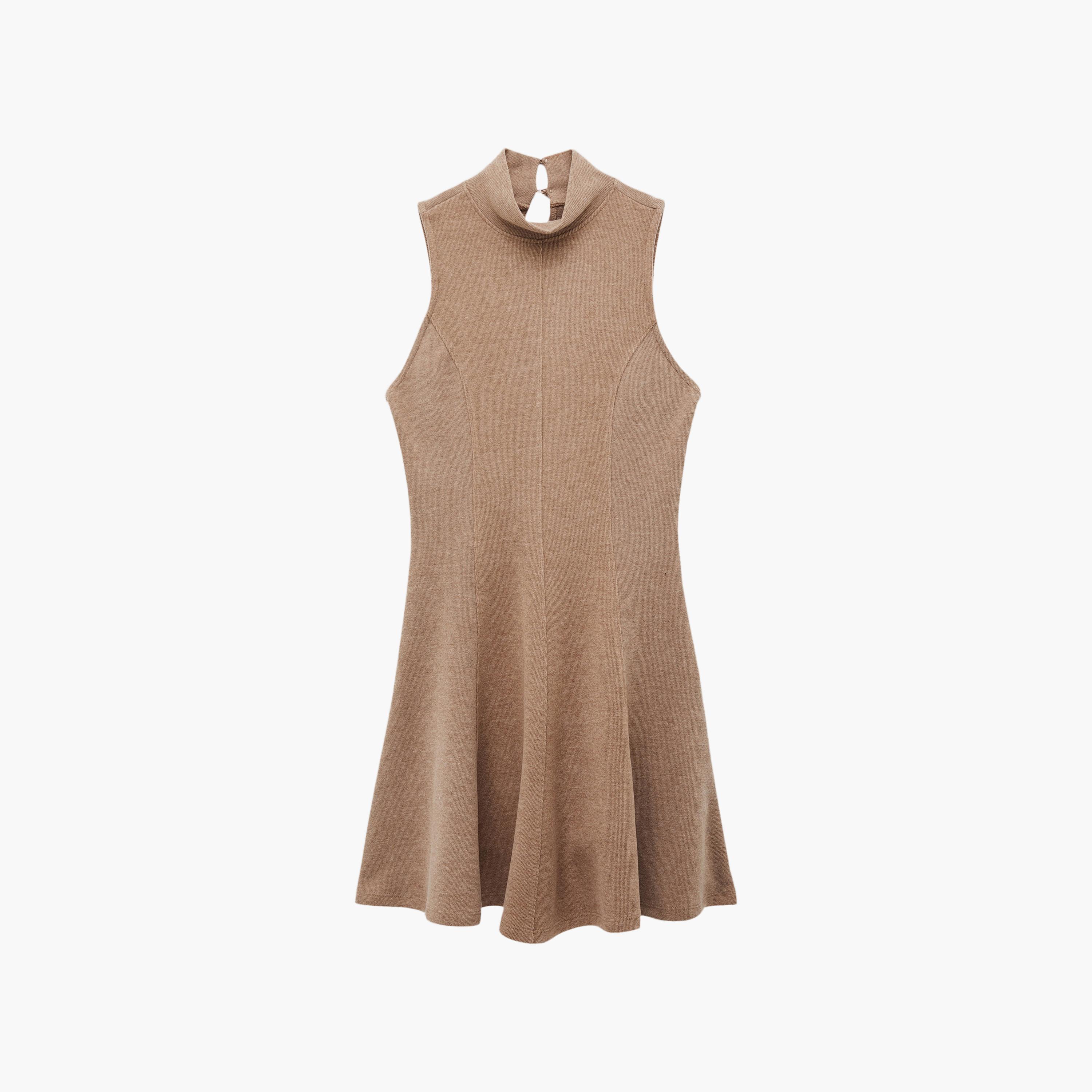 فستان ميني نسائي "سكاتر" بياقة "هاي نيك" عالية بلون بيج من كوتون-women-clothing-dresses-image-6