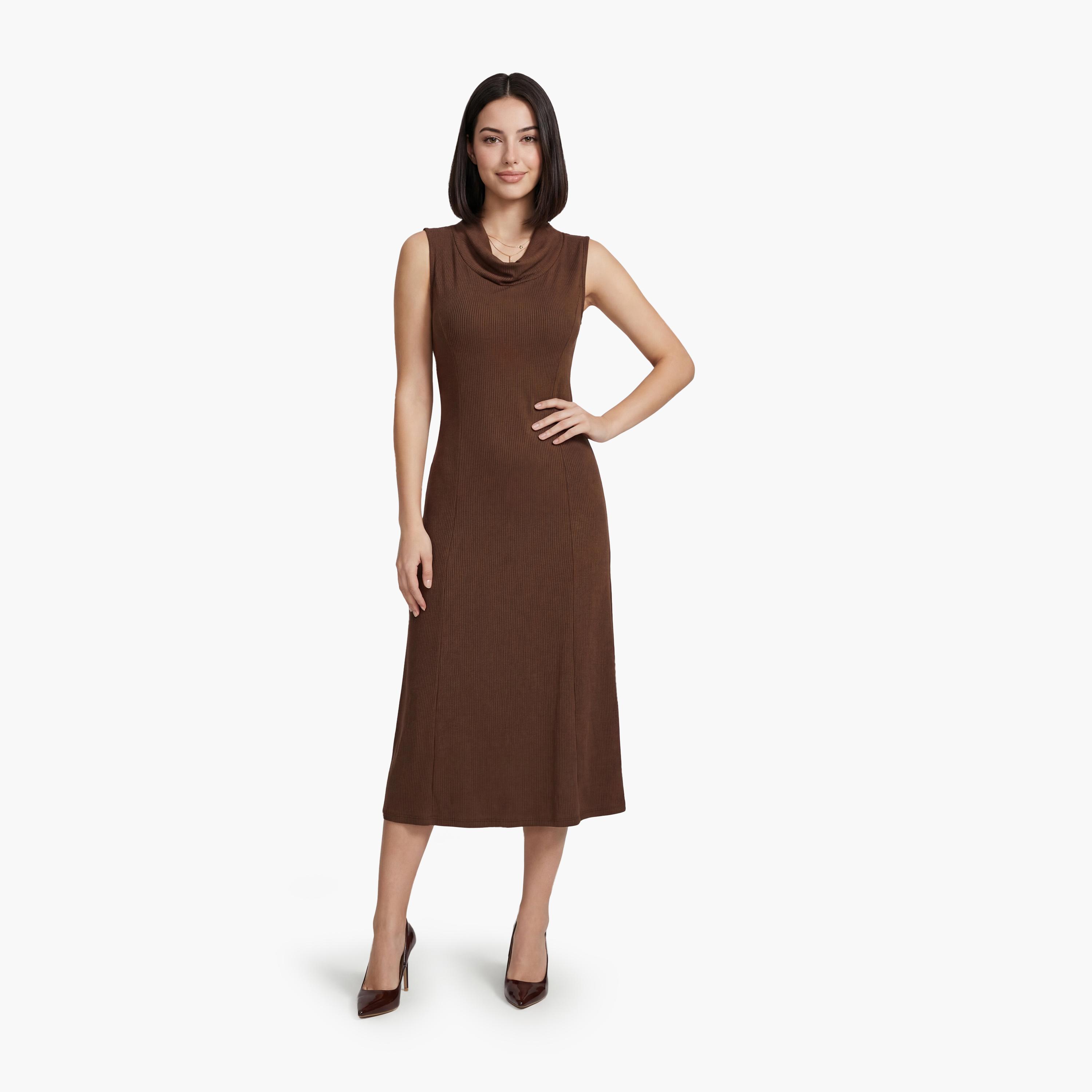 KOTON Brown Modal High Neck Sheath Women's Midi Dress-women-clothing-dresses-image-1