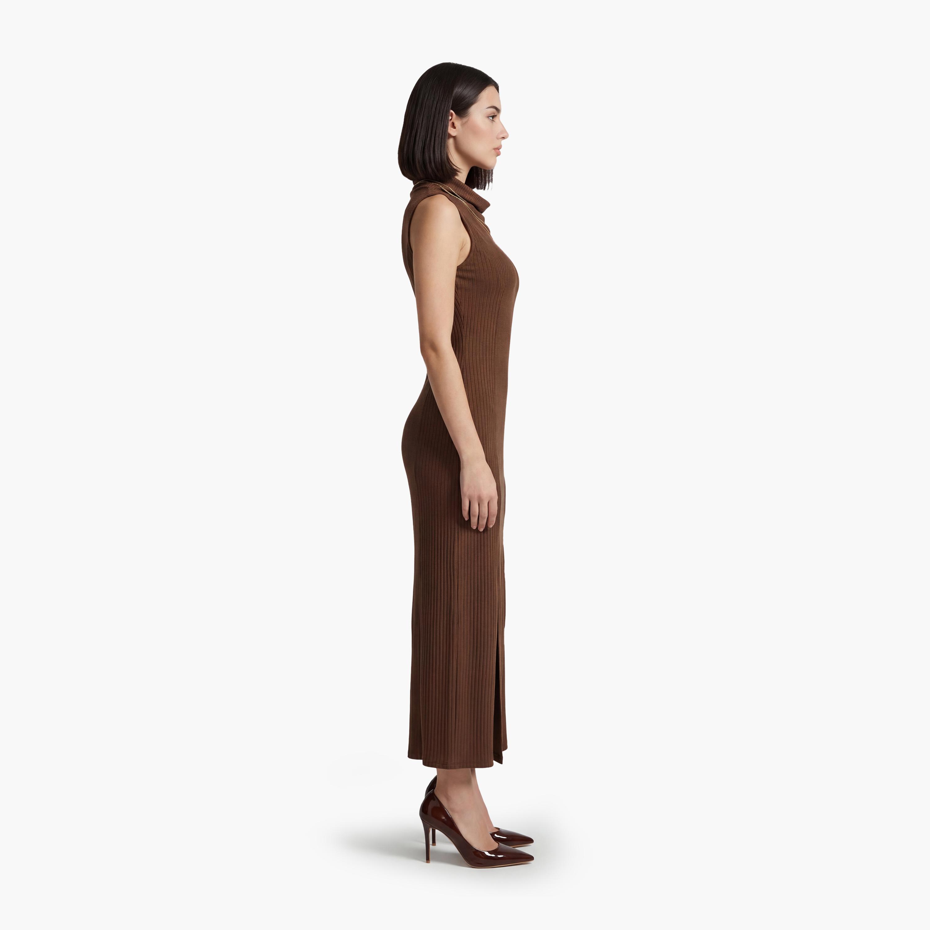 KOTON Brown Modal High Neck Sheath Women's Midi Dress-women-clothing-dresses-image-2