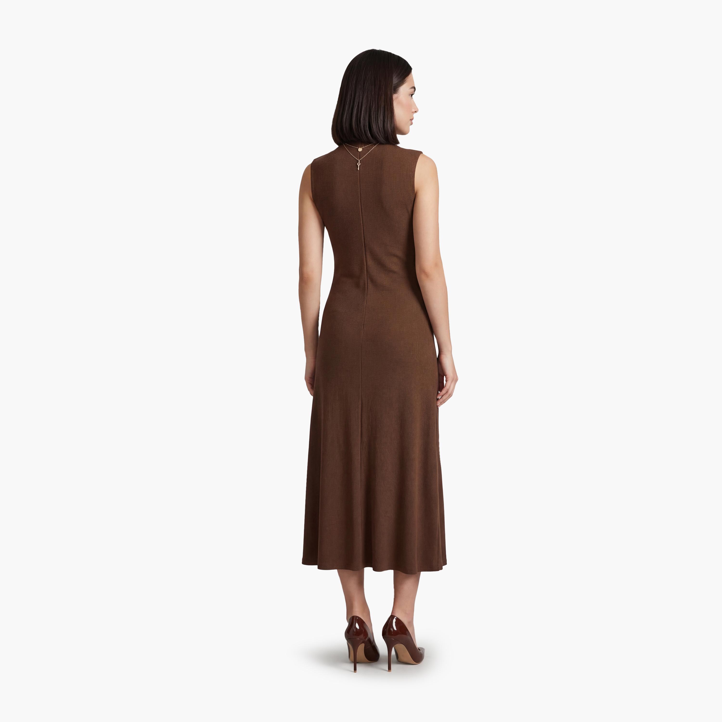 KOTON Brown Modal High Neck Sheath Women's Midi Dress-women-clothing-dresses-image-3