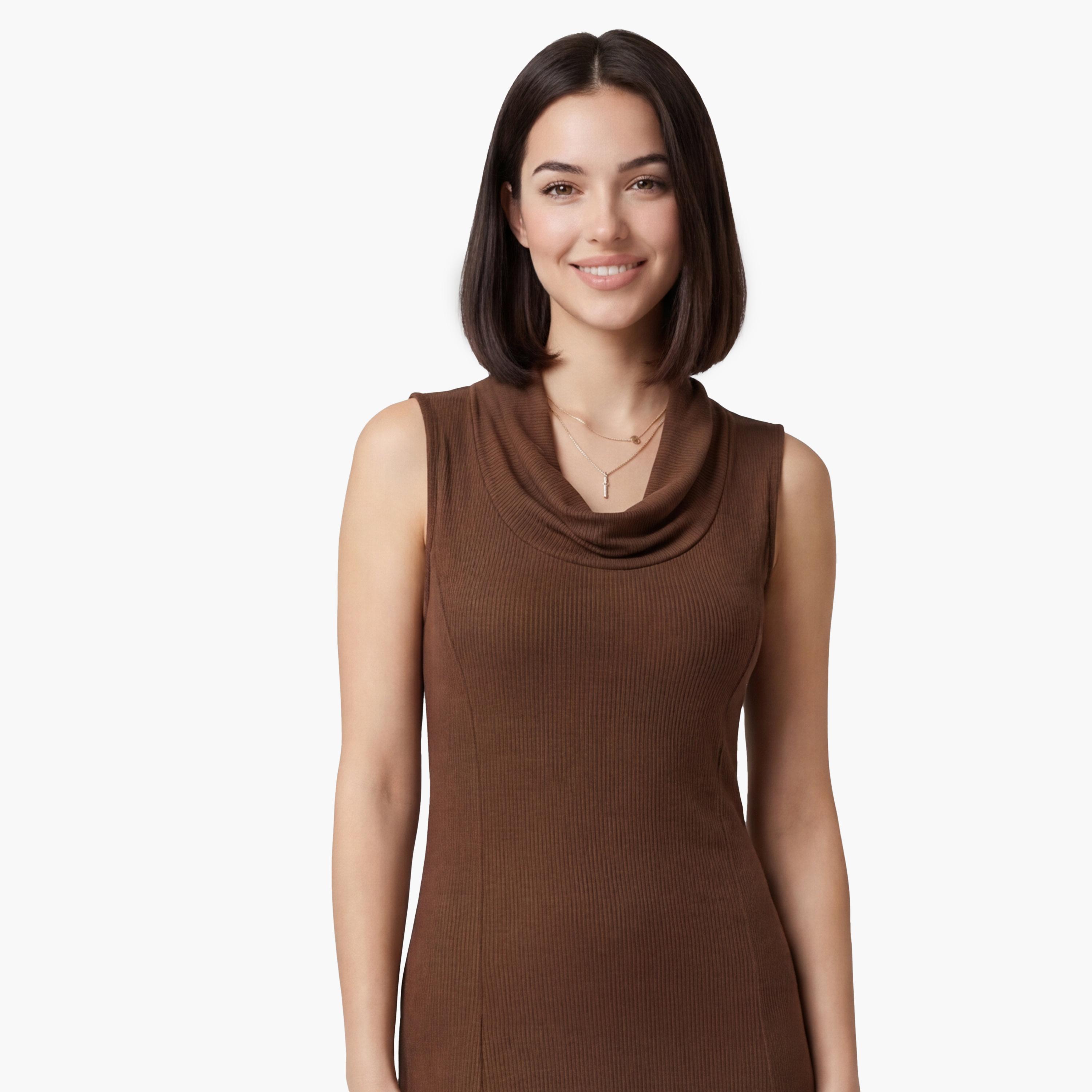 KOTON Brown Modal High Neck Sheath Women's Midi Dress-women-clothing-dresses-image-4