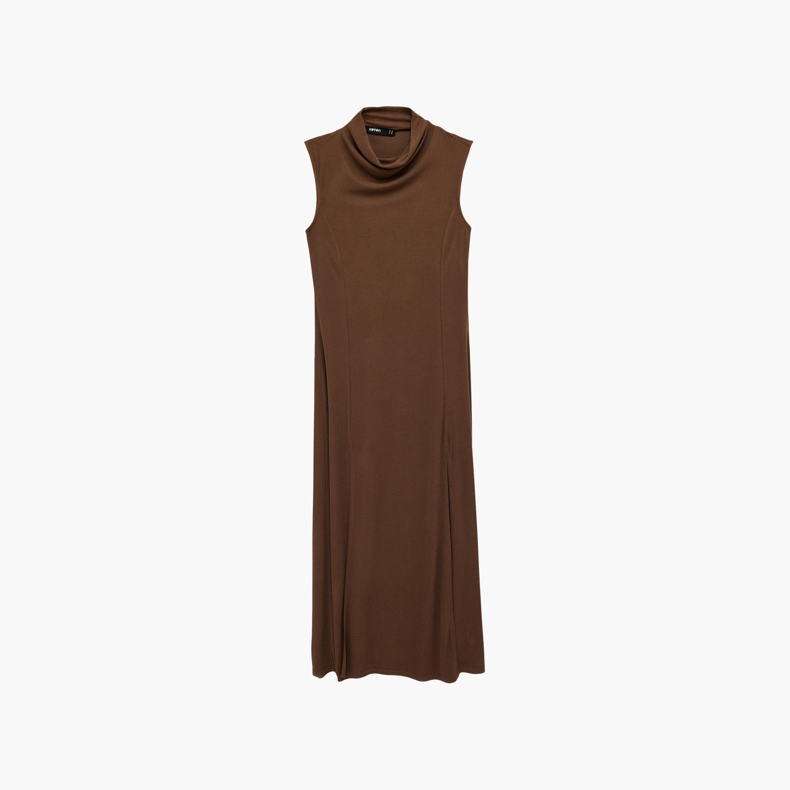 KOTON Brown Modal High Neck Sheath Women's Midi Dress-women-clothing-dresses-image-5