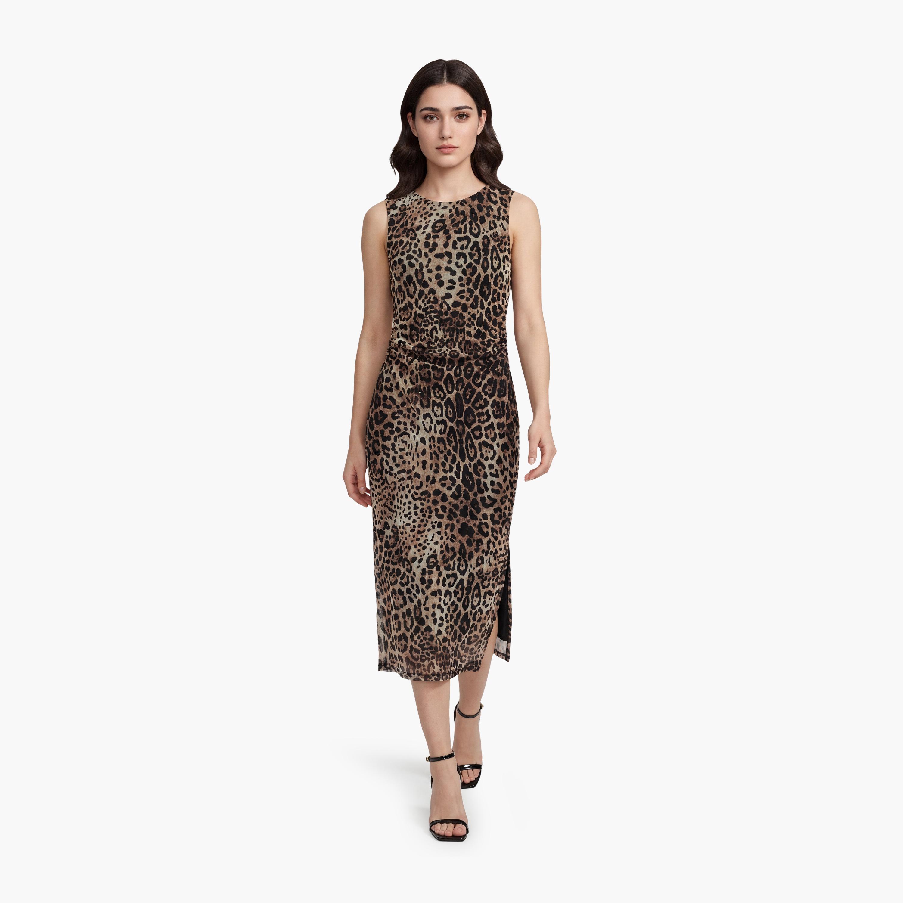KOTON Brown Leopard Print Sheath Women's Midi Dress-women-clothing-dresses-image-1
