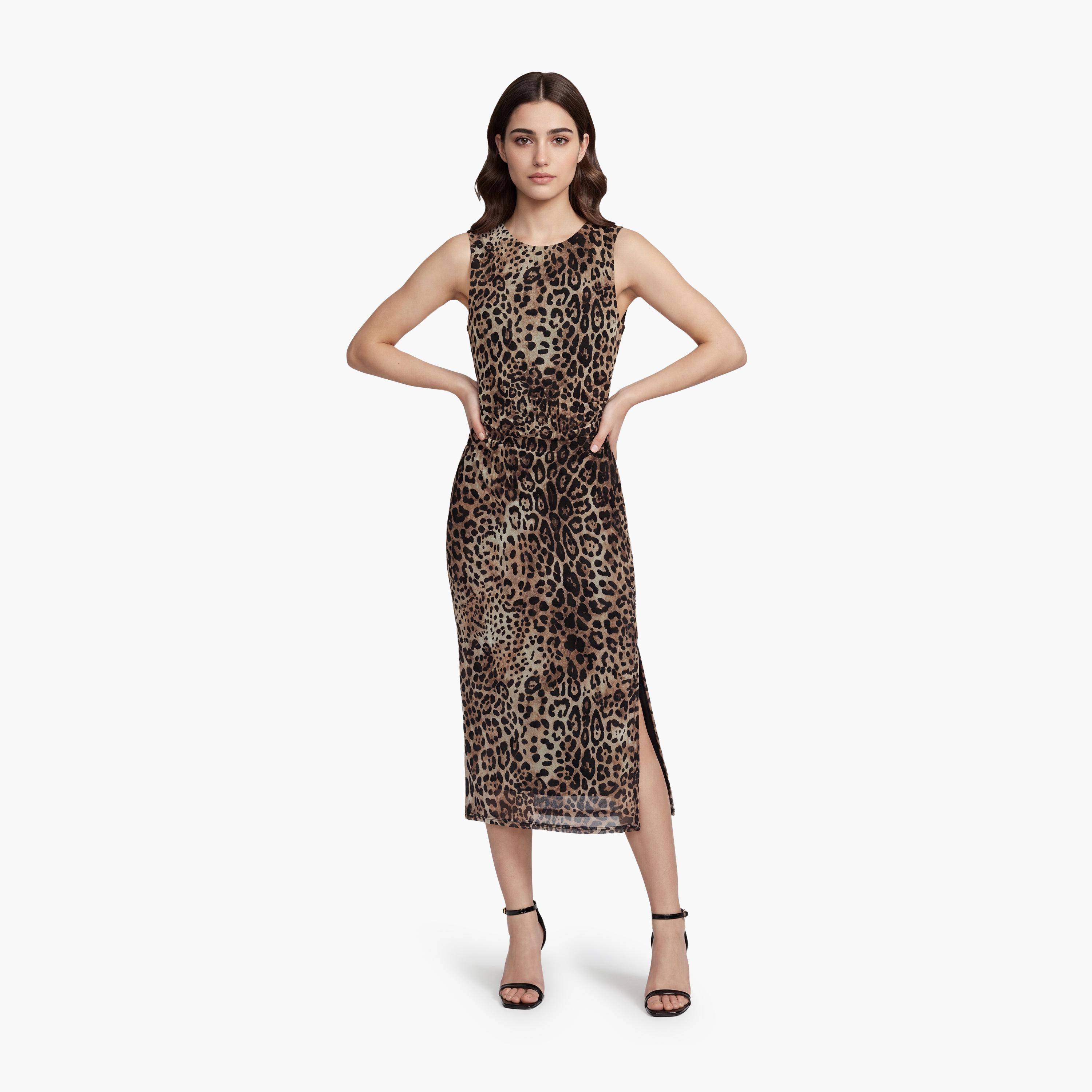 KOTON Brown Leopard Print Sheath Women's Midi Dress-women-clothing-dresses-image-2