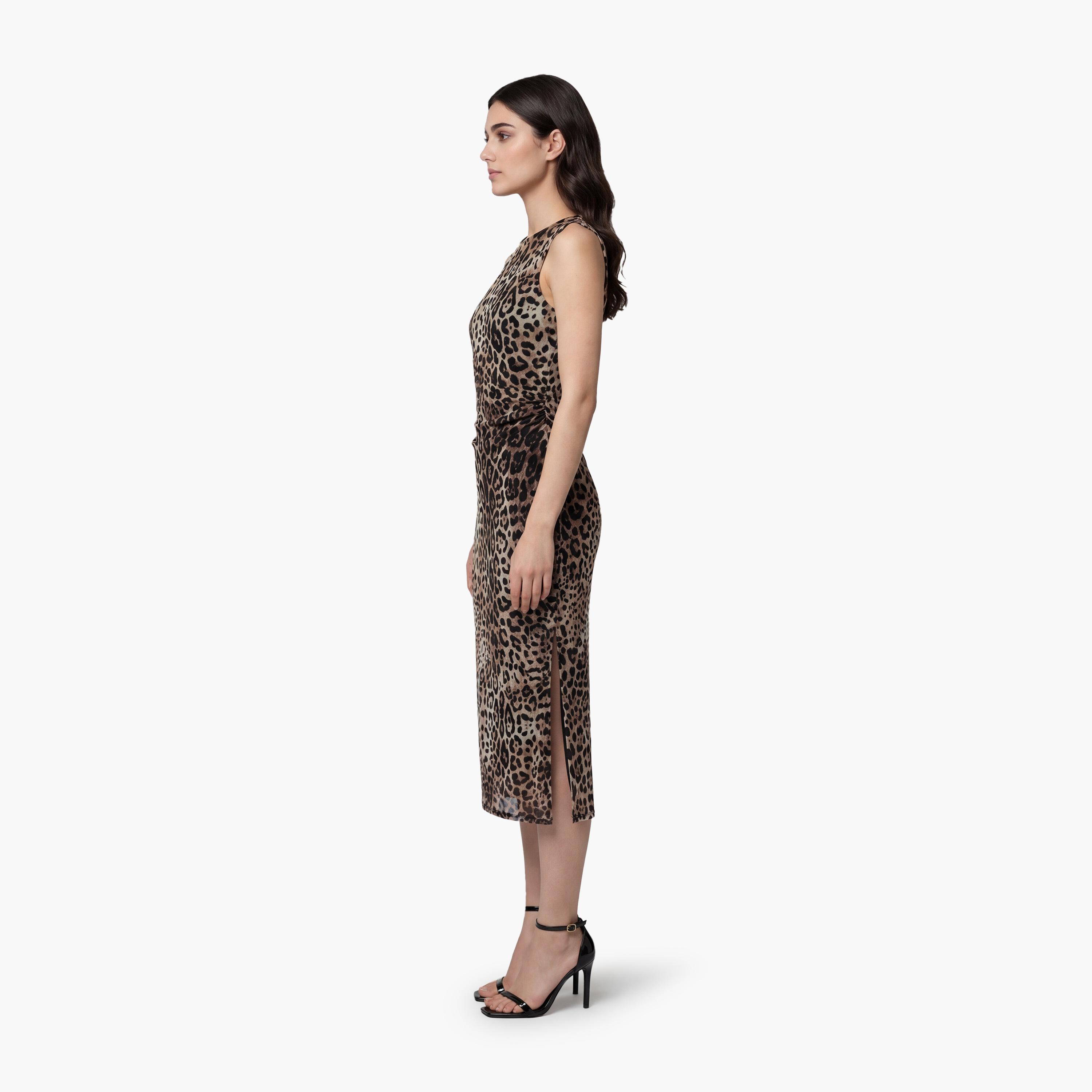 KOTON Brown Leopard Print Sheath Women's Midi Dress-women-clothing-dresses-image-3