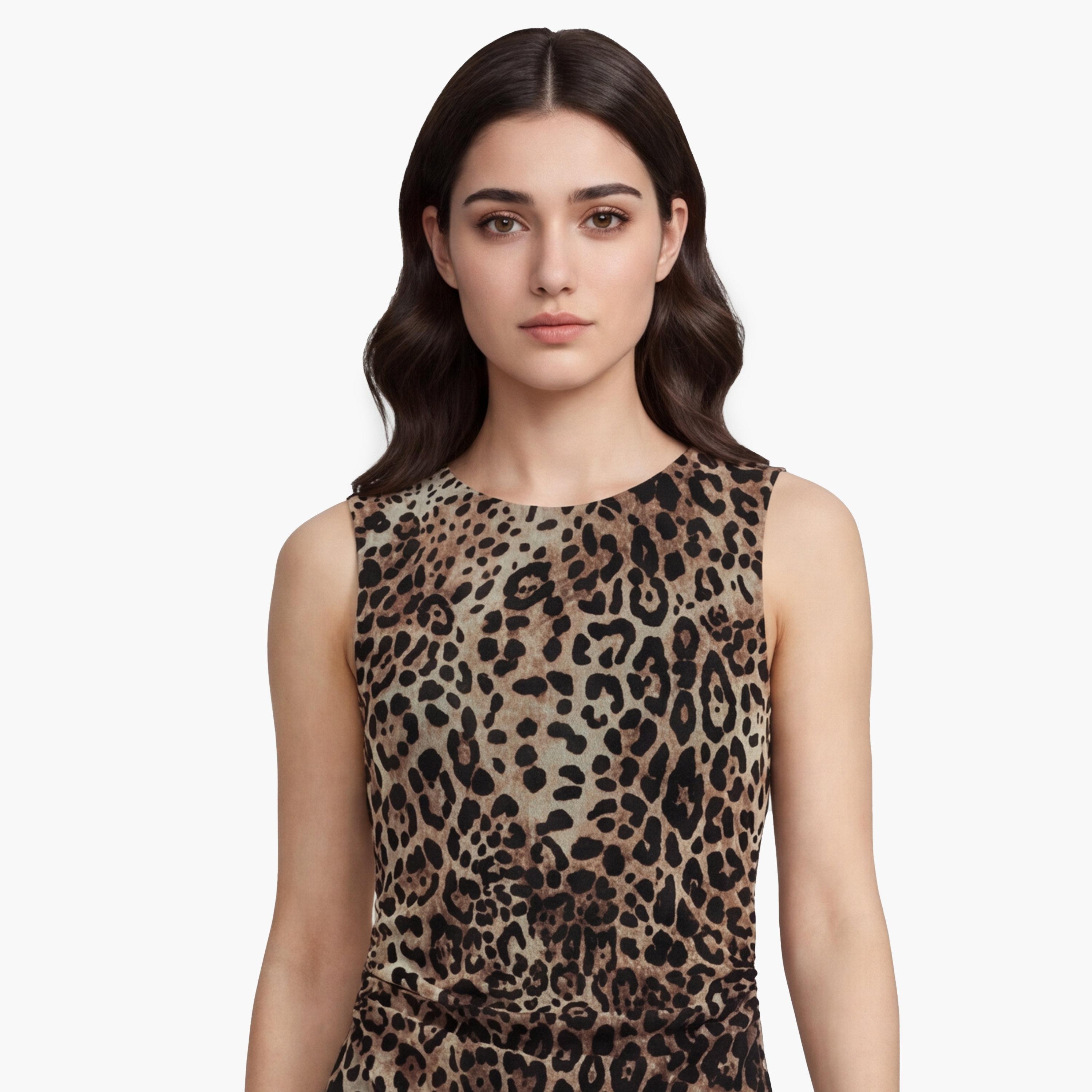 KOTON Brown Leopard Print Sheath Women's Midi Dress-women-clothing-dresses-image-5