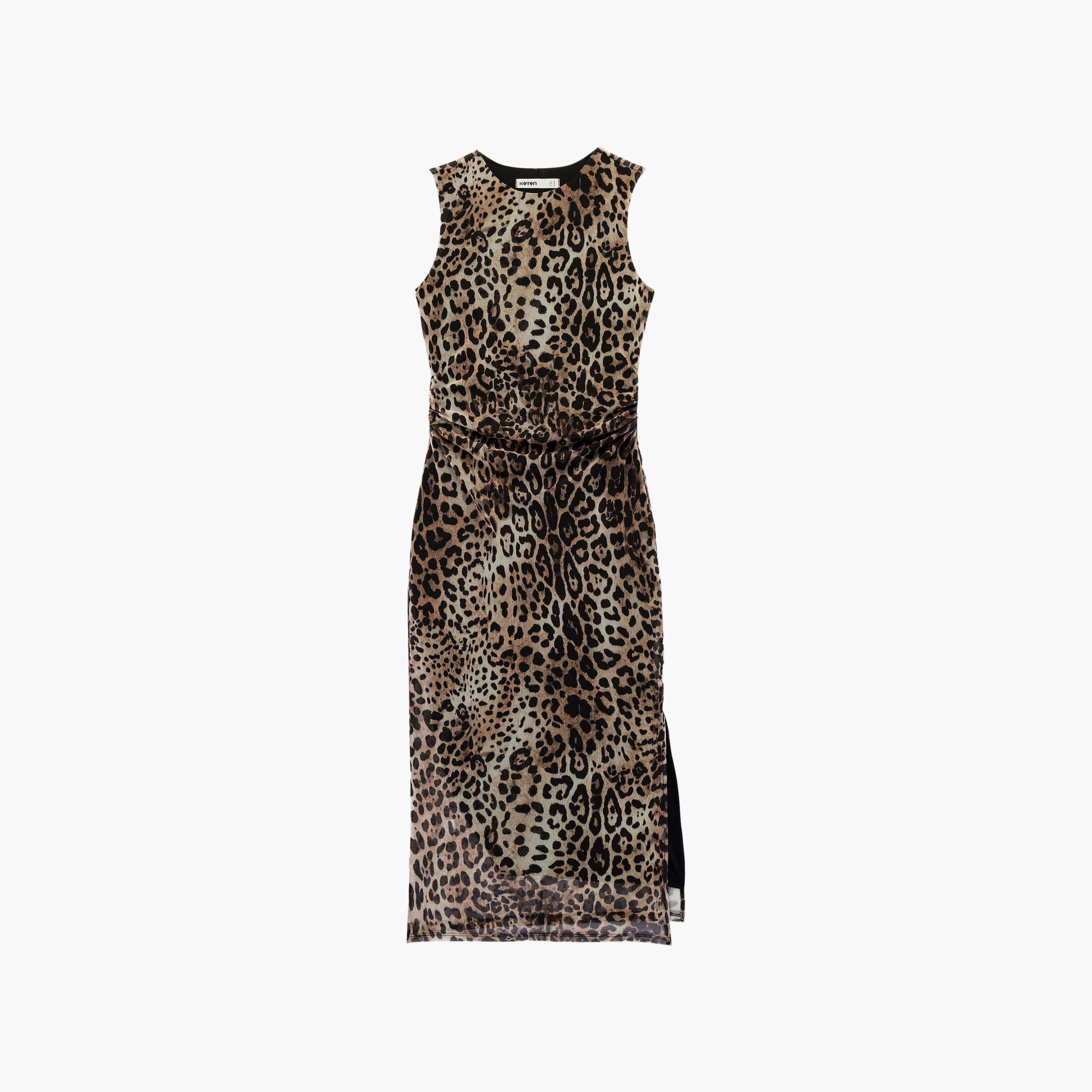 KOTON Brown Leopard Print Sheath Women's Midi Dress-women-clothing-dresses-image-6
