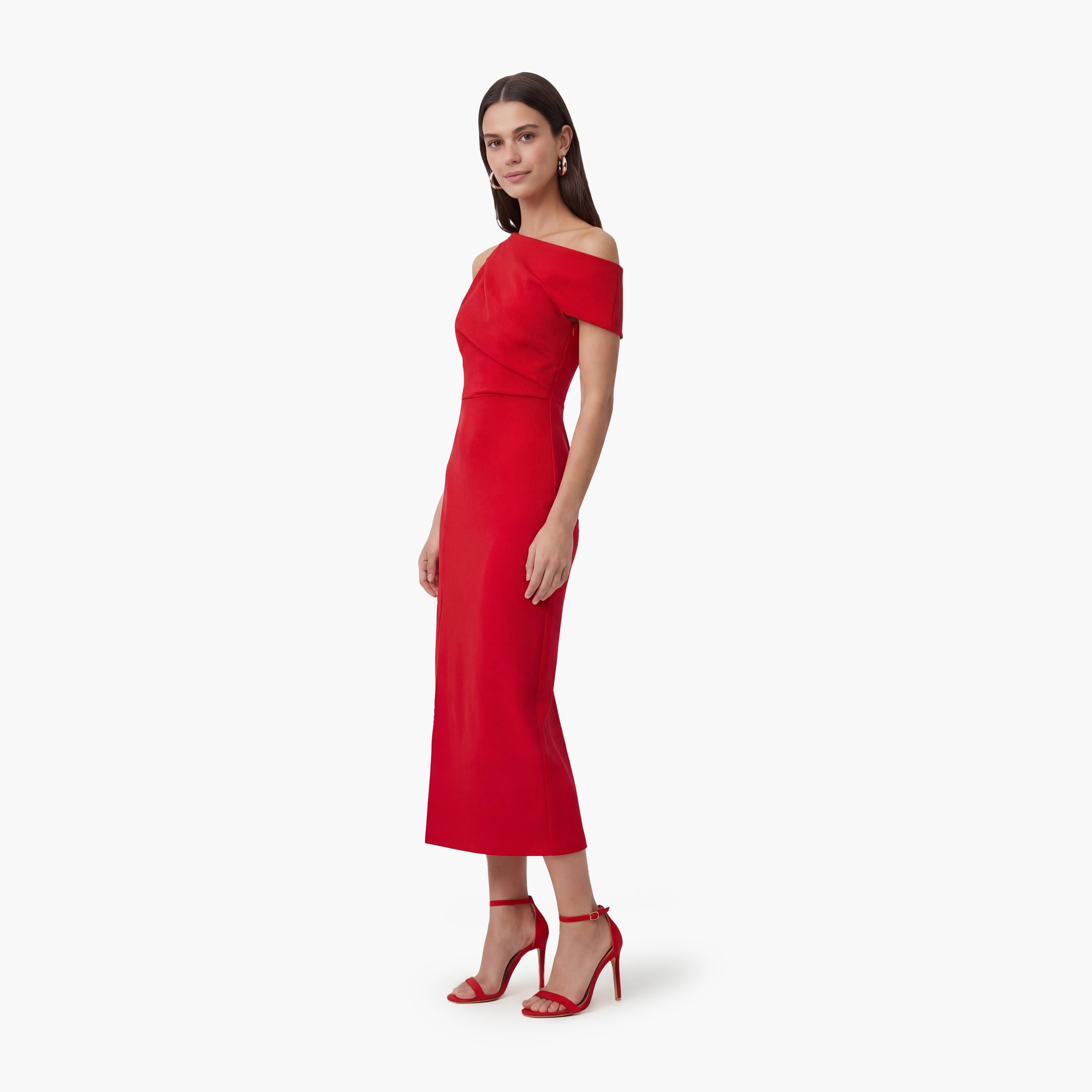 فستان ميدي نسائي "شيث" بكتف واحد بلون أحمر من كوتون-women-clothing-dresses-image-2