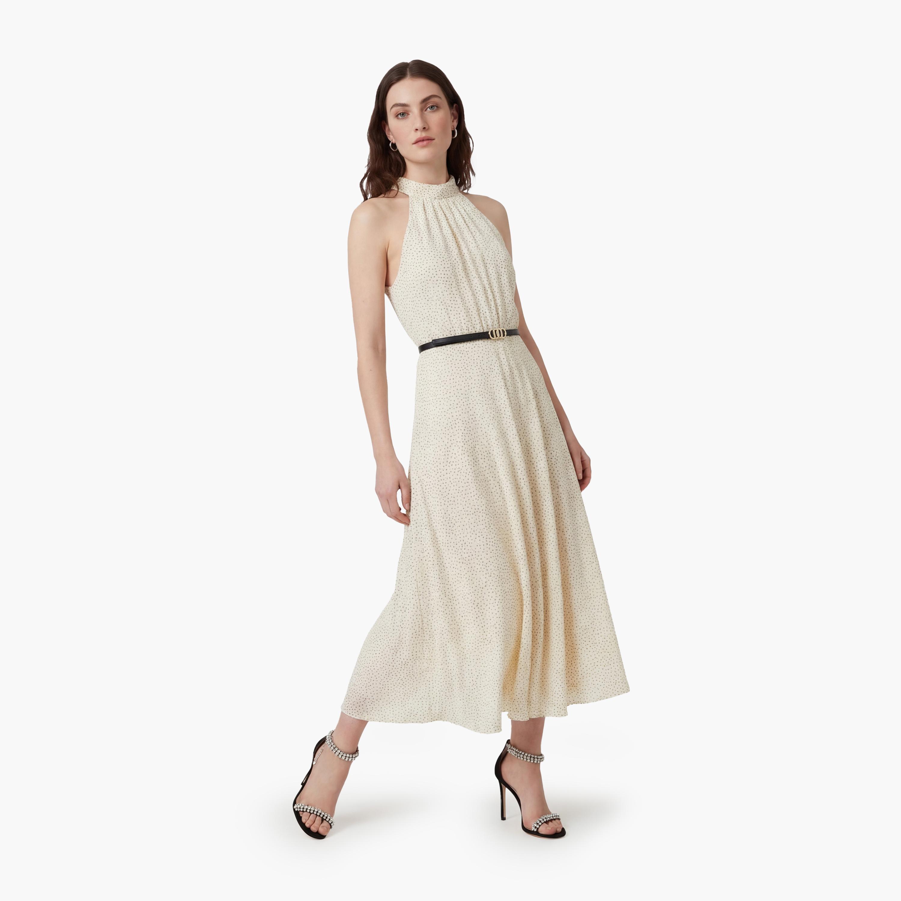 فستان ماكسي نسائي بياقة "هالتر" وطبعة "بولكا دوت" منقطة بلون كريمي من كوتون-women-clothing-dresses-image-1