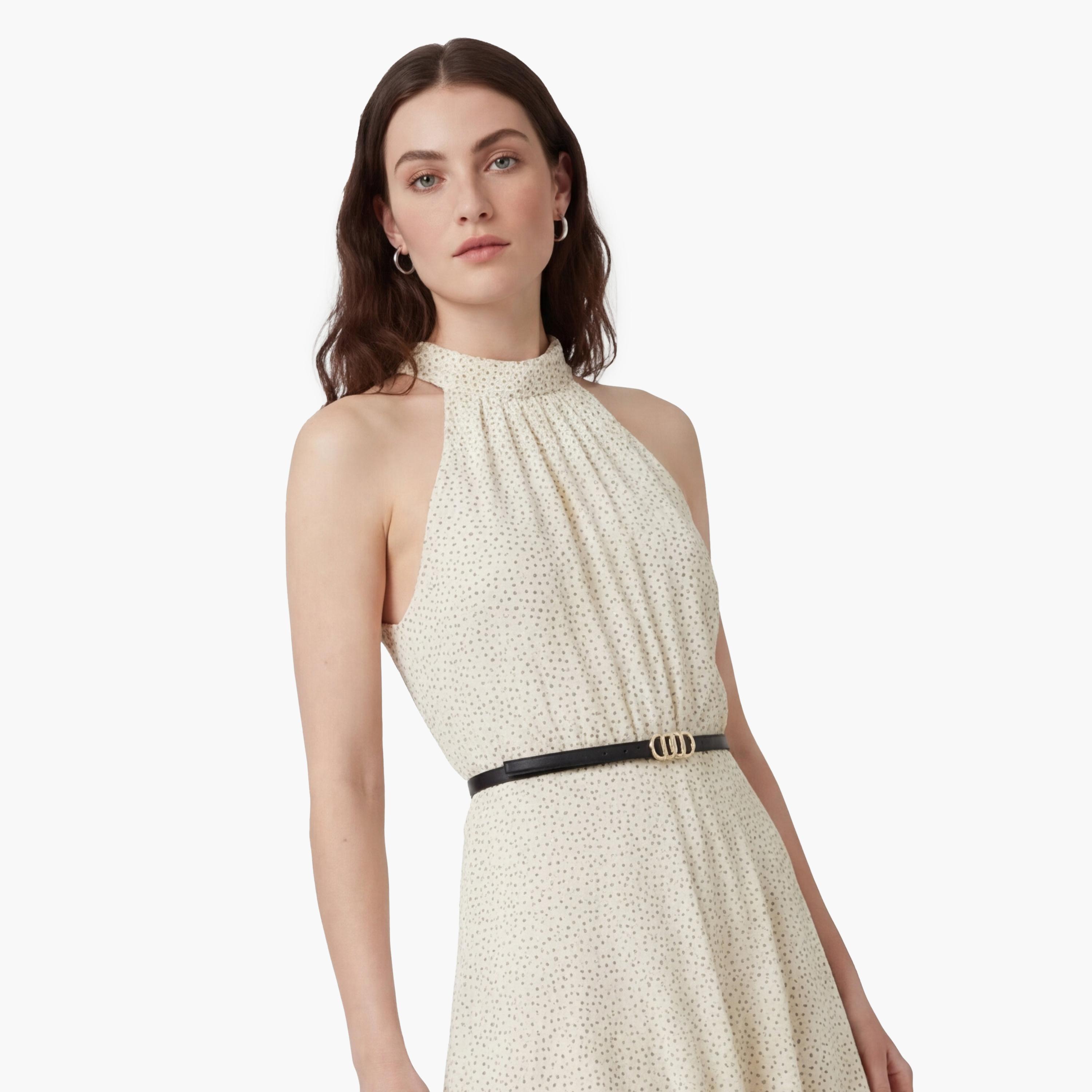 فستان ماكسي نسائي بياقة "هالتر" وطبعة "بولكا دوت" منقطة بلون كريمي من كوتون-women-clothing-dresses-image-4