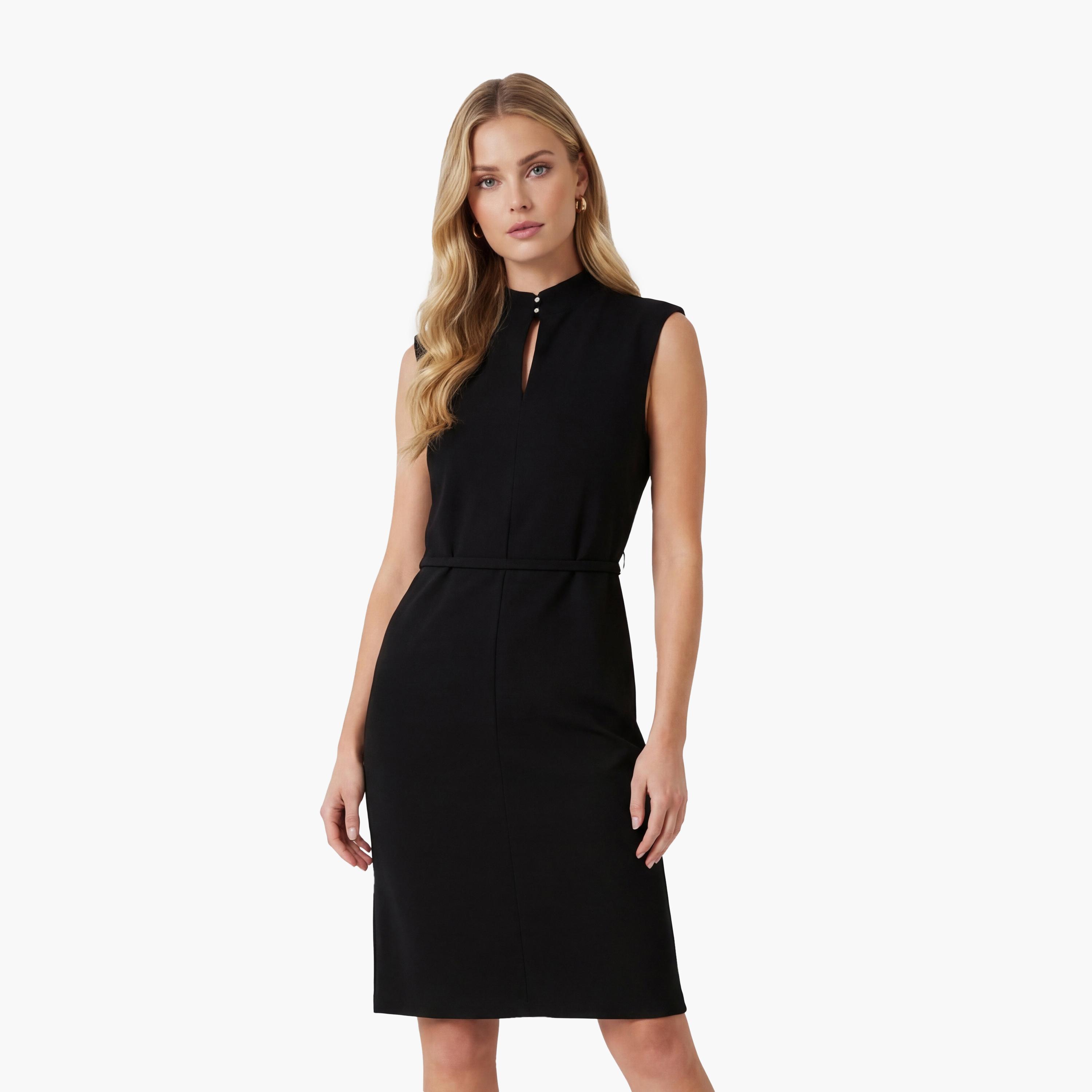 فستان ميني نسائي "شيث" بياقة "موك نيك" عالية بلون أسود من كوتون-women-clothing-dresses-image-1
