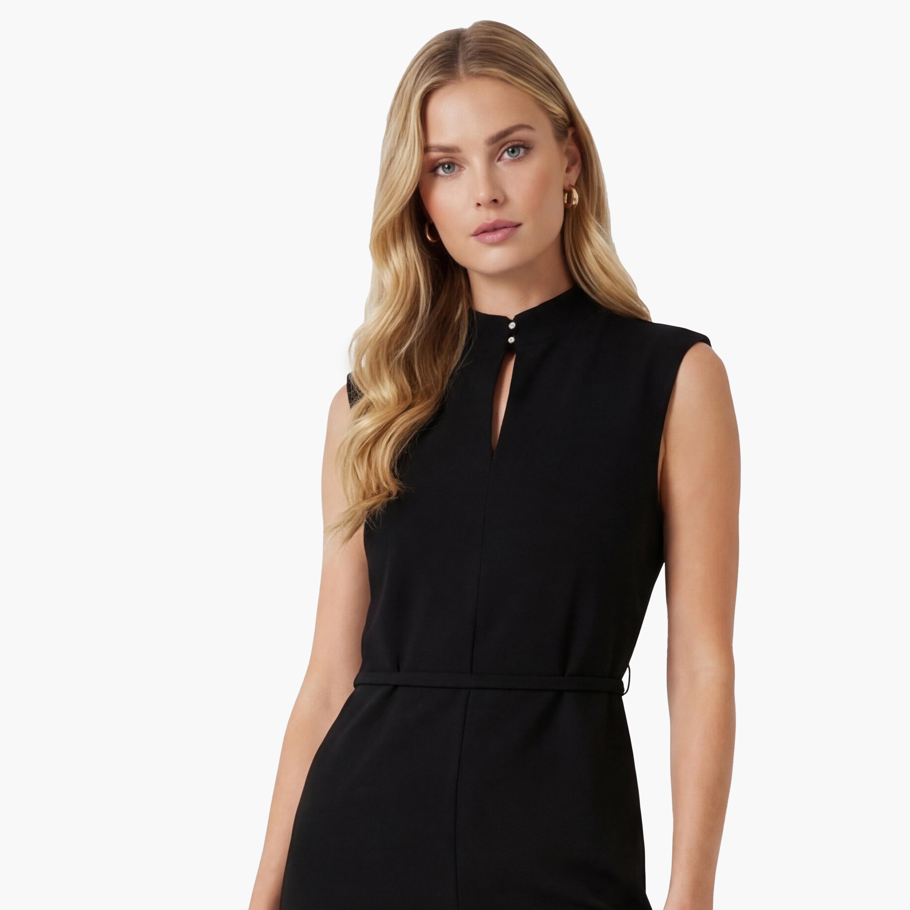 فستان ميني نسائي "شيث" بياقة "موك نيك" عالية بلون أسود من كوتون-women-clothing-dresses-image-5