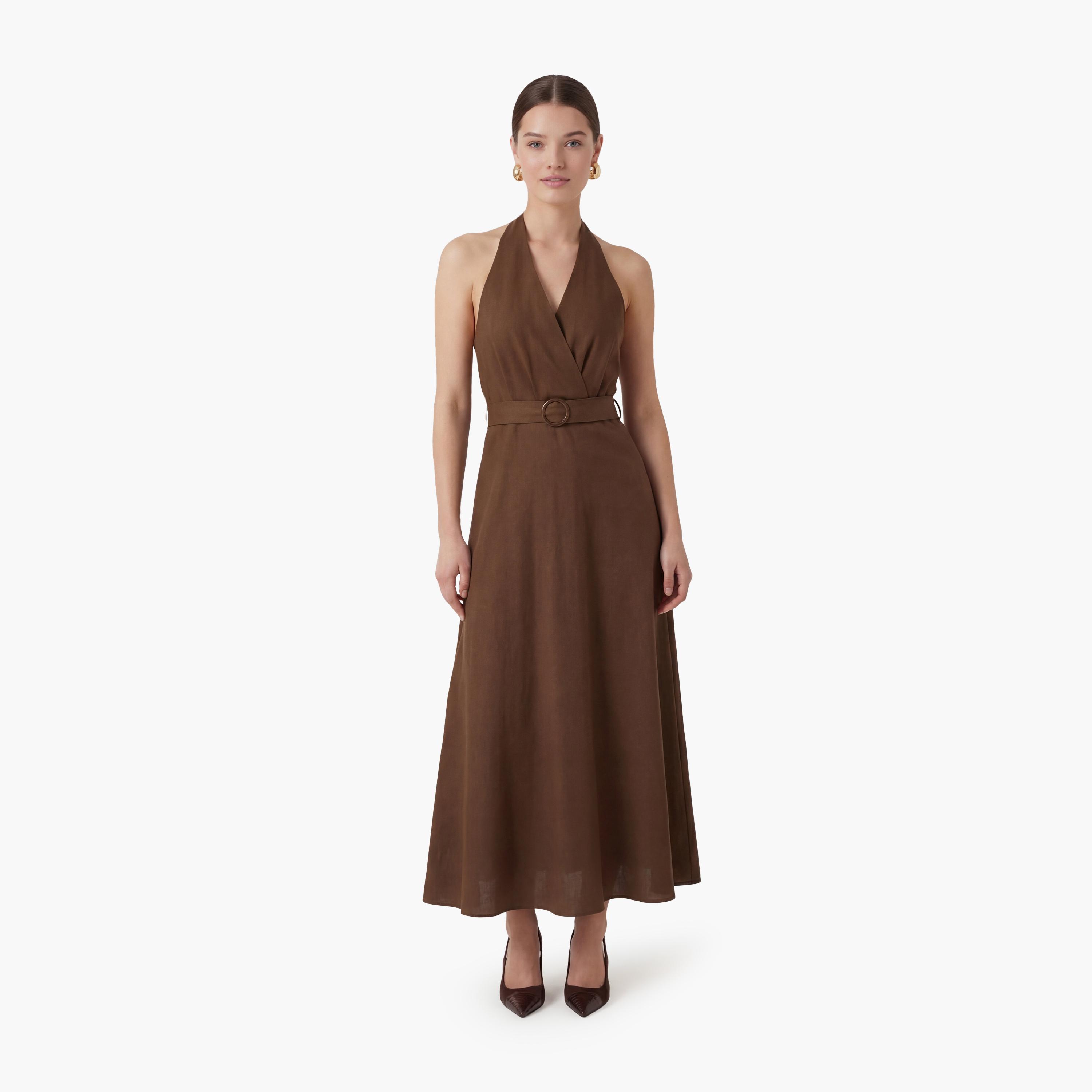 فستان ميدي نسائي من القطن بياقة "هالتر" بلون بني من كوتون-women-clothing-dresses-image-1