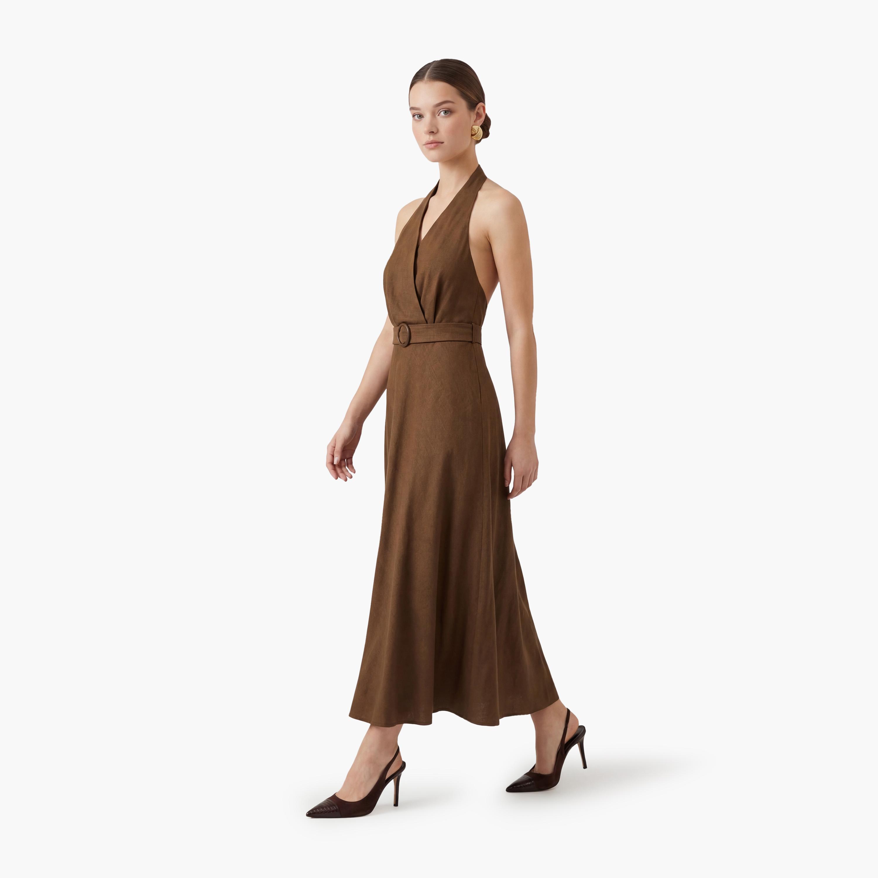 فستان ميدي نسائي من القطن بياقة "هالتر" بلون بني من كوتون-women-clothing-dresses-image-2
