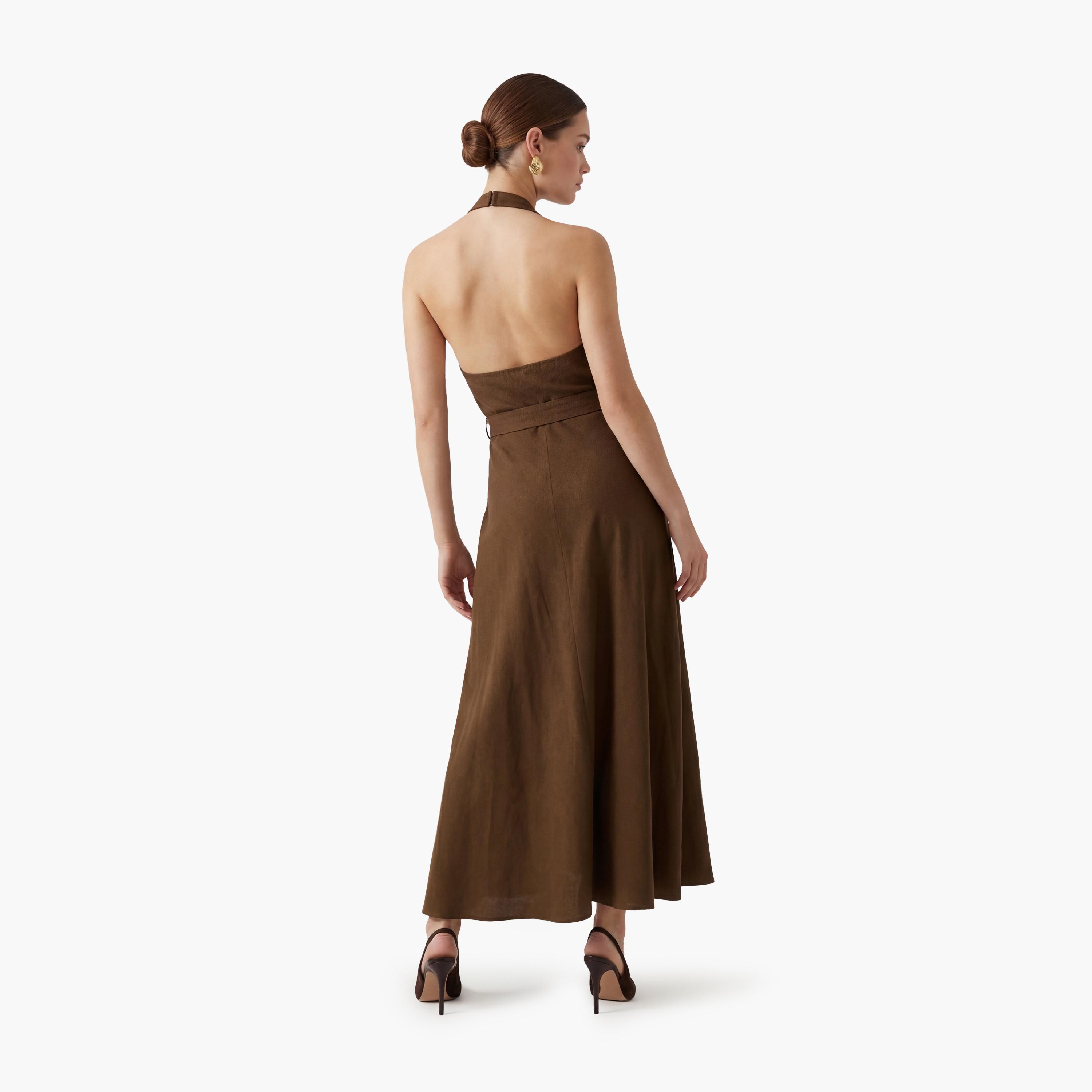 فستان ميدي نسائي من القطن بياقة "هالتر" بلون بني من كوتون-women-clothing-dresses-image-3