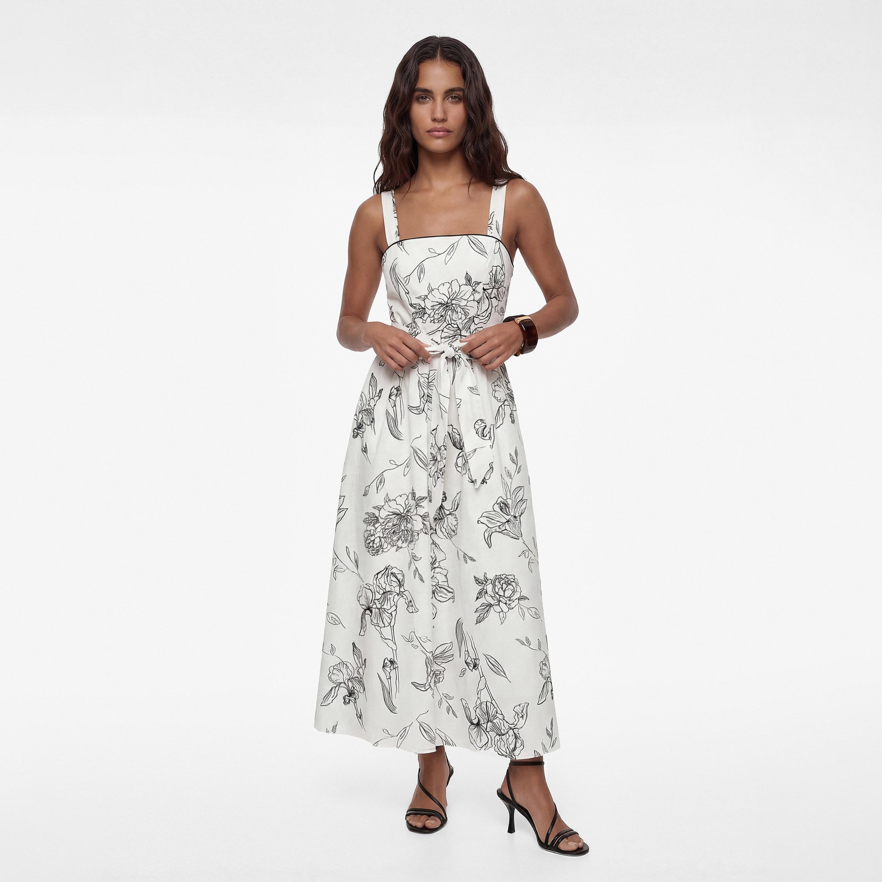 KOTON White Floral Print Cotton Square Neck Fit & Flared Women's Maxi Dress-women-clothing-dresses-image-1