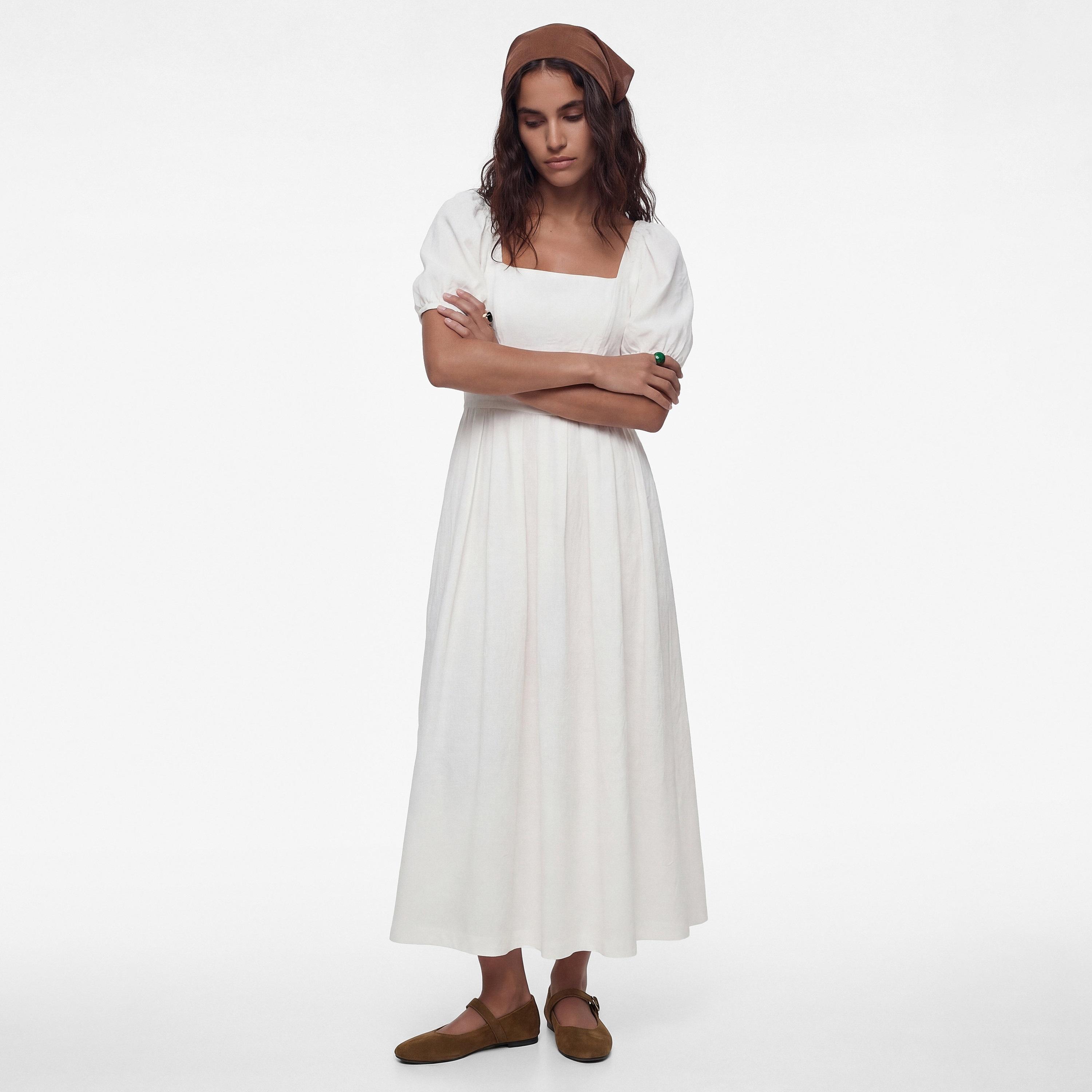 KOTON White Cotton Square Neck Puff Sleeves Fit & Flared Women's Midi Dress-women-clothing-dresses-image-1