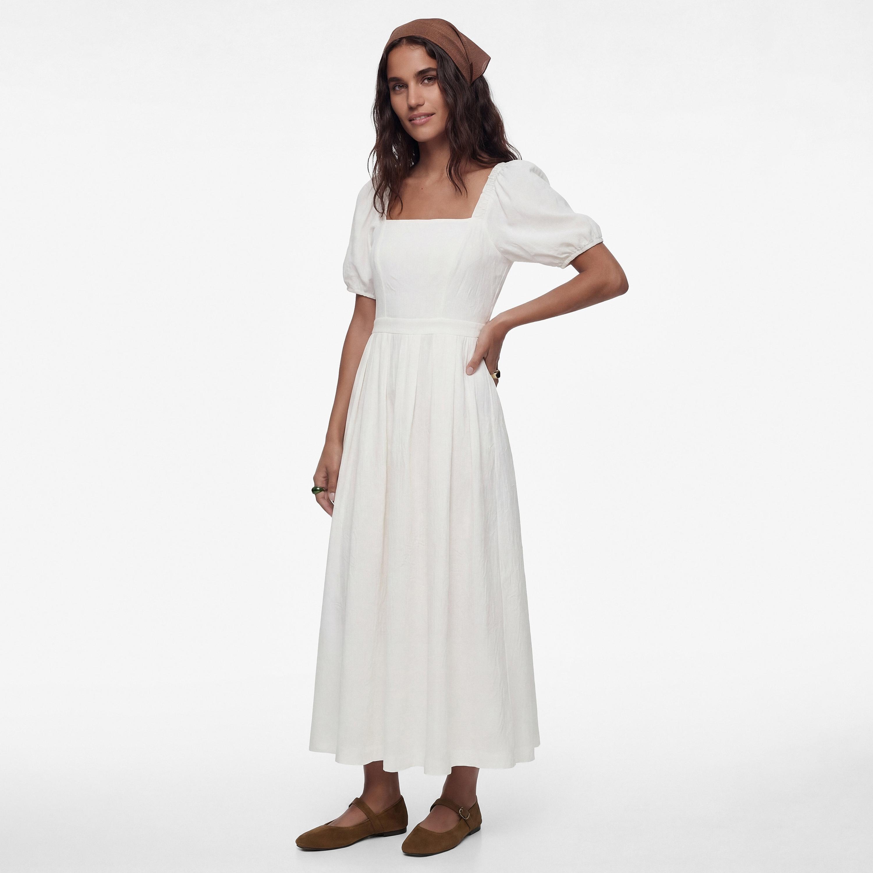 KOTON White Cotton Square Neck Puff Sleeves Fit & Flared Women's Midi Dress-women-clothing-dresses-image-2