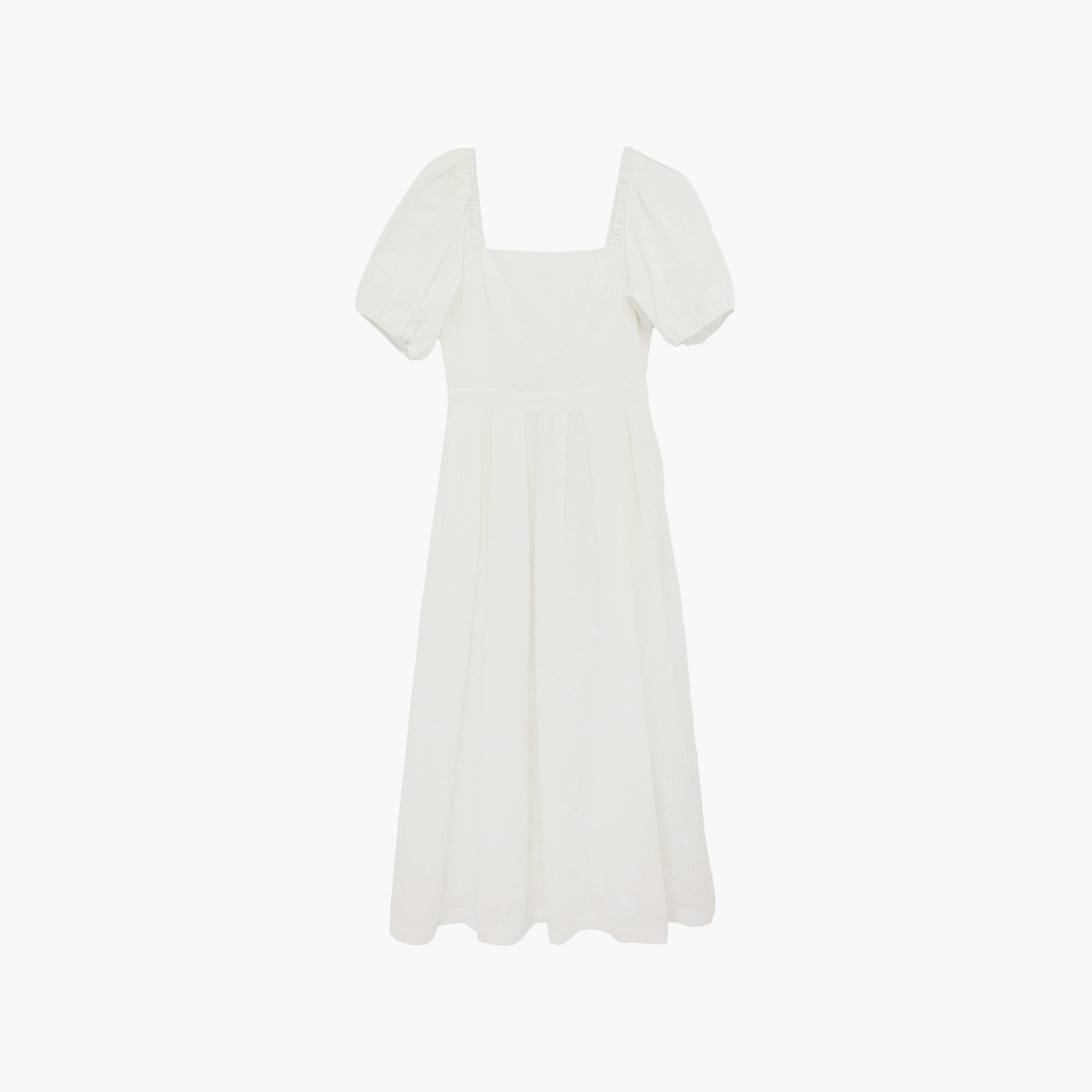 KOTON White Cotton Square Neck Puff Sleeves Fit & Flared Women's Midi Dress-women-clothing-dresses-image-3