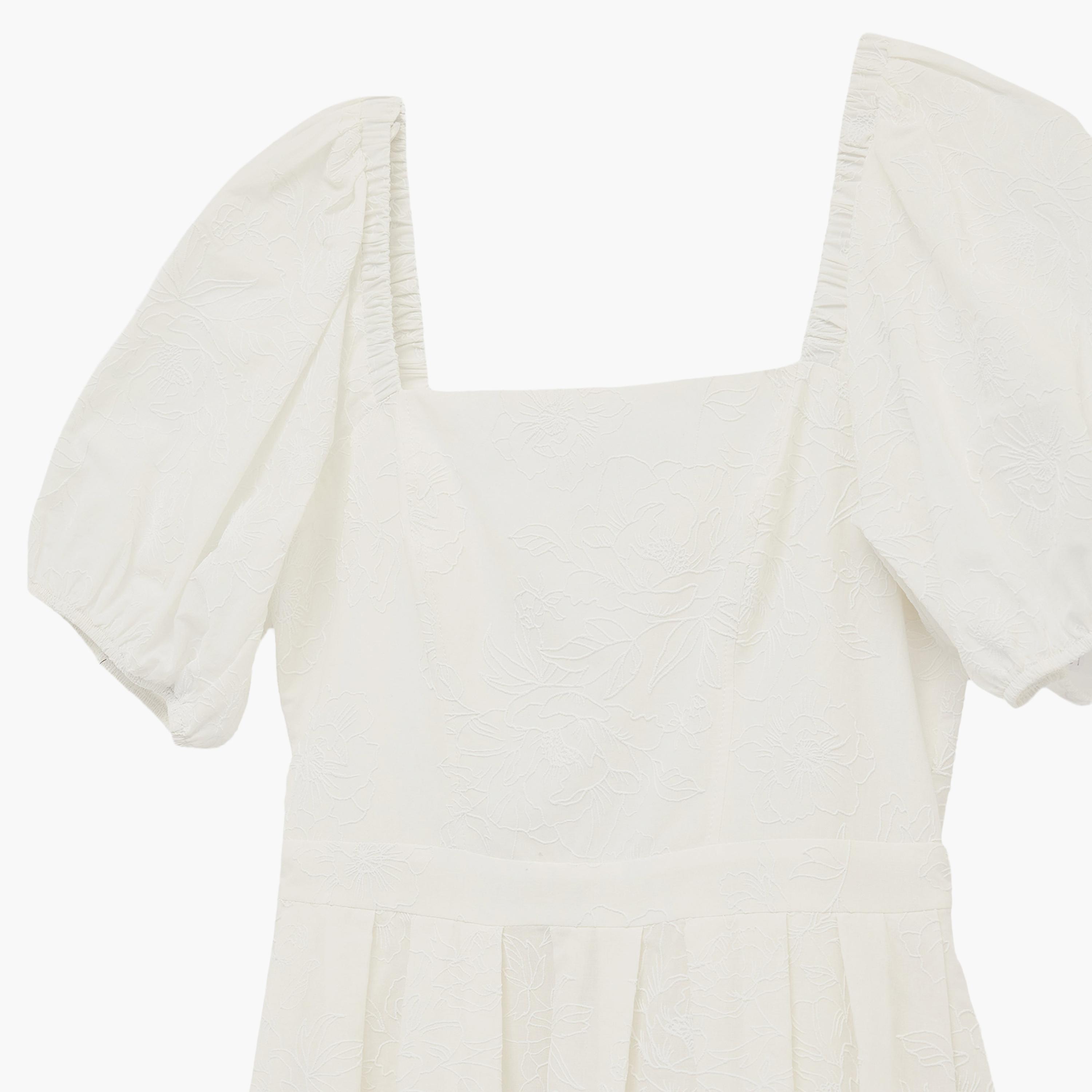 KOTON White Cotton Square Neck Puff Sleeves Fit & Flared Women's Midi Dress-women-clothing-dresses-image-5