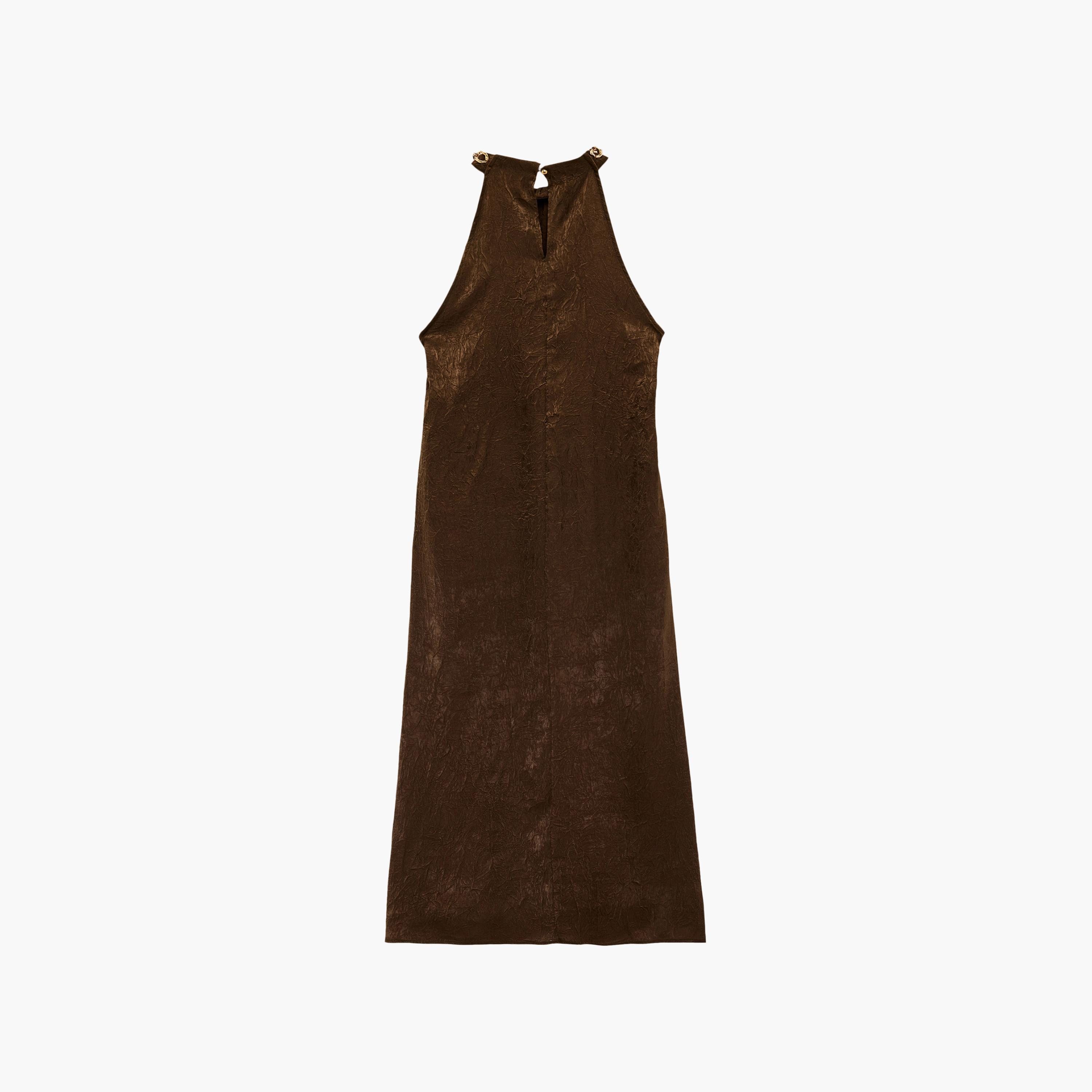 فستان ماكسي نسائي بياقة "هالتر" وتصميم "كرينكلد" بلون بني من كوتون-women-clothing-dresses-image-4
