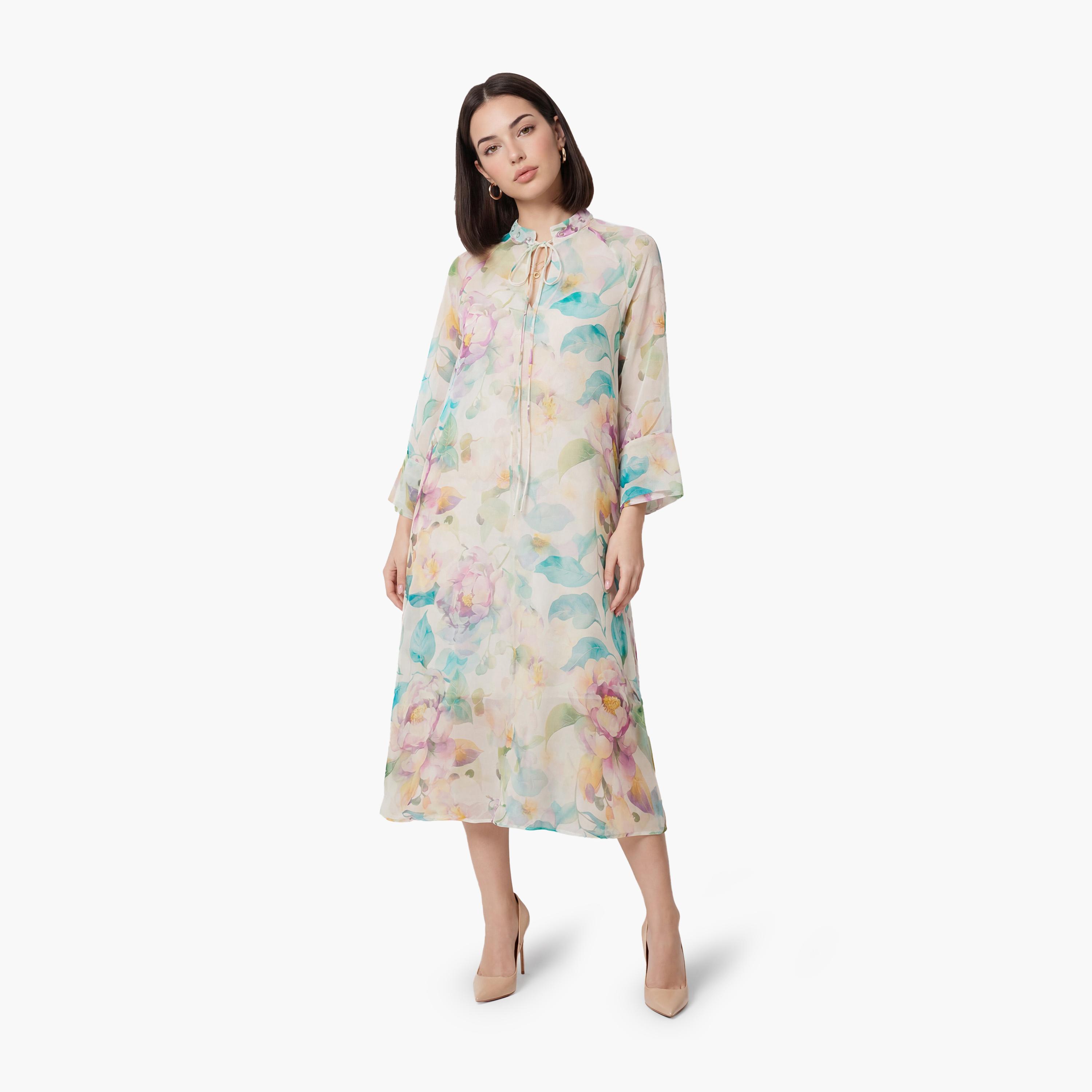 فستان ميدي نسائي بياقة "موك نيك" وطبعة "فلورال" زهور متعددة الألوان من كوتون-women-clothing-dresses-image-1