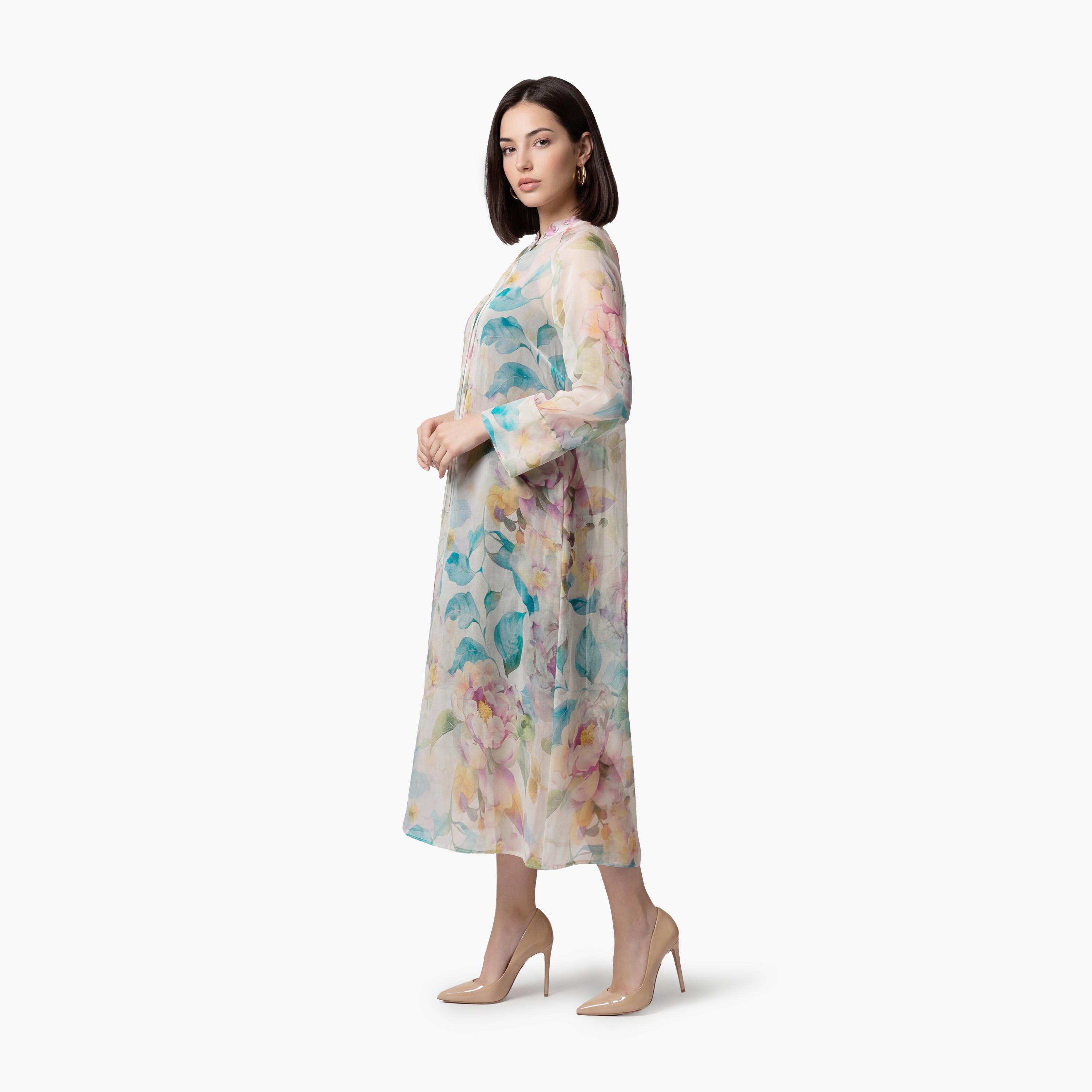 فستان ميدي نسائي بياقة "موك نيك" وطبعة "فلورال" زهور متعددة الألوان من كوتون-women-clothing-dresses-image-2