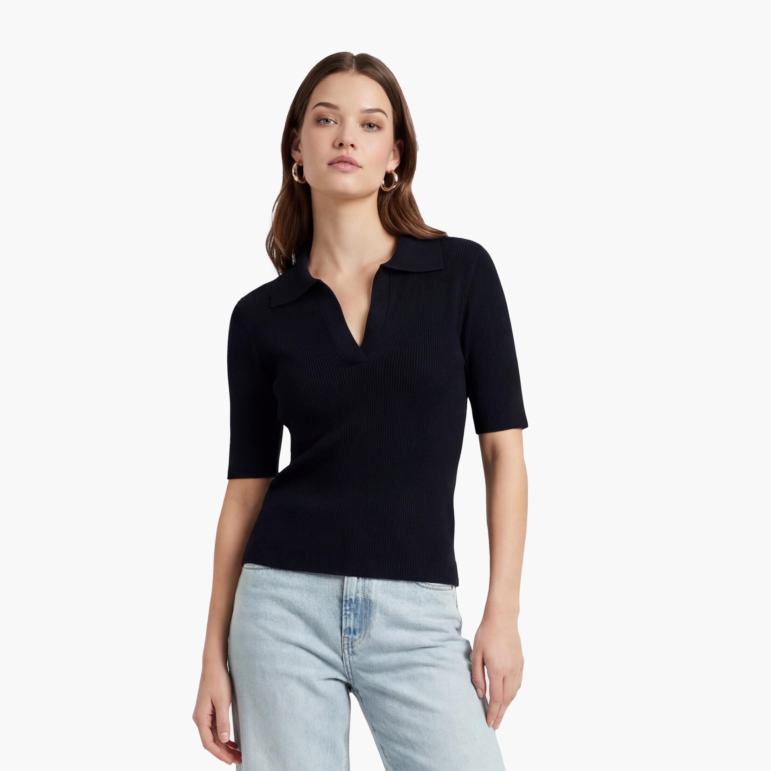 تيشيرت بولو محبوك بياقة "جوني" مضلعة للنساء من كوتون-women-clothing-tshirts-image-1