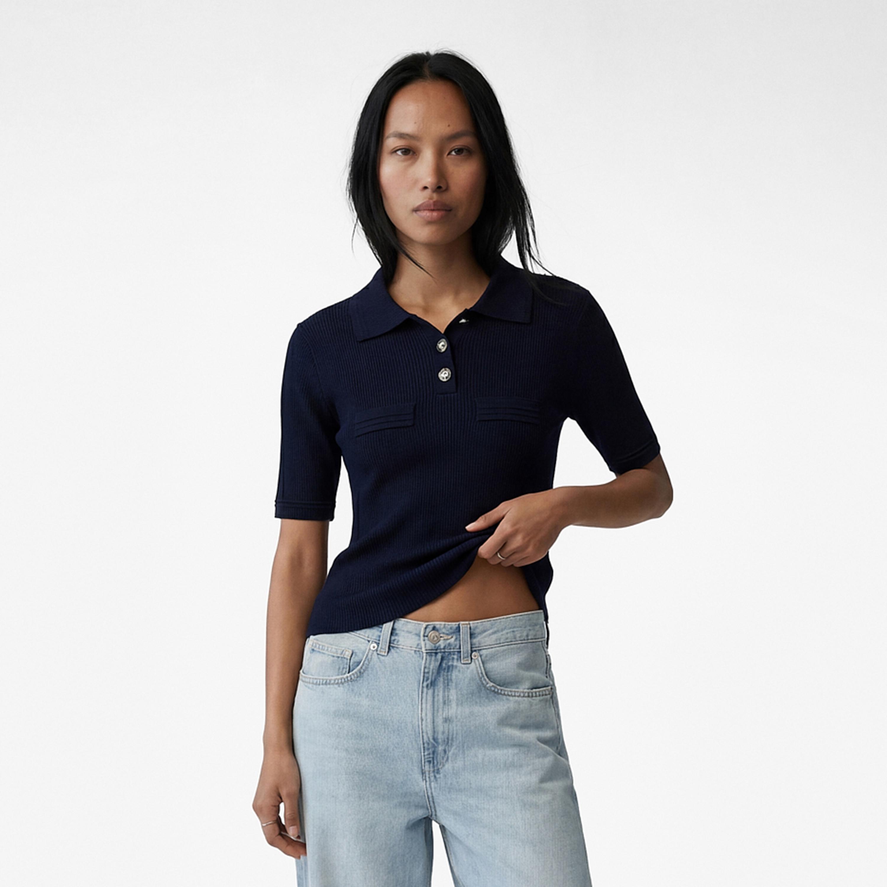 تيشيرت بولو محبوك بياقة مضلعة للنساء من كوتون-women-clothing-tshirts-image-1