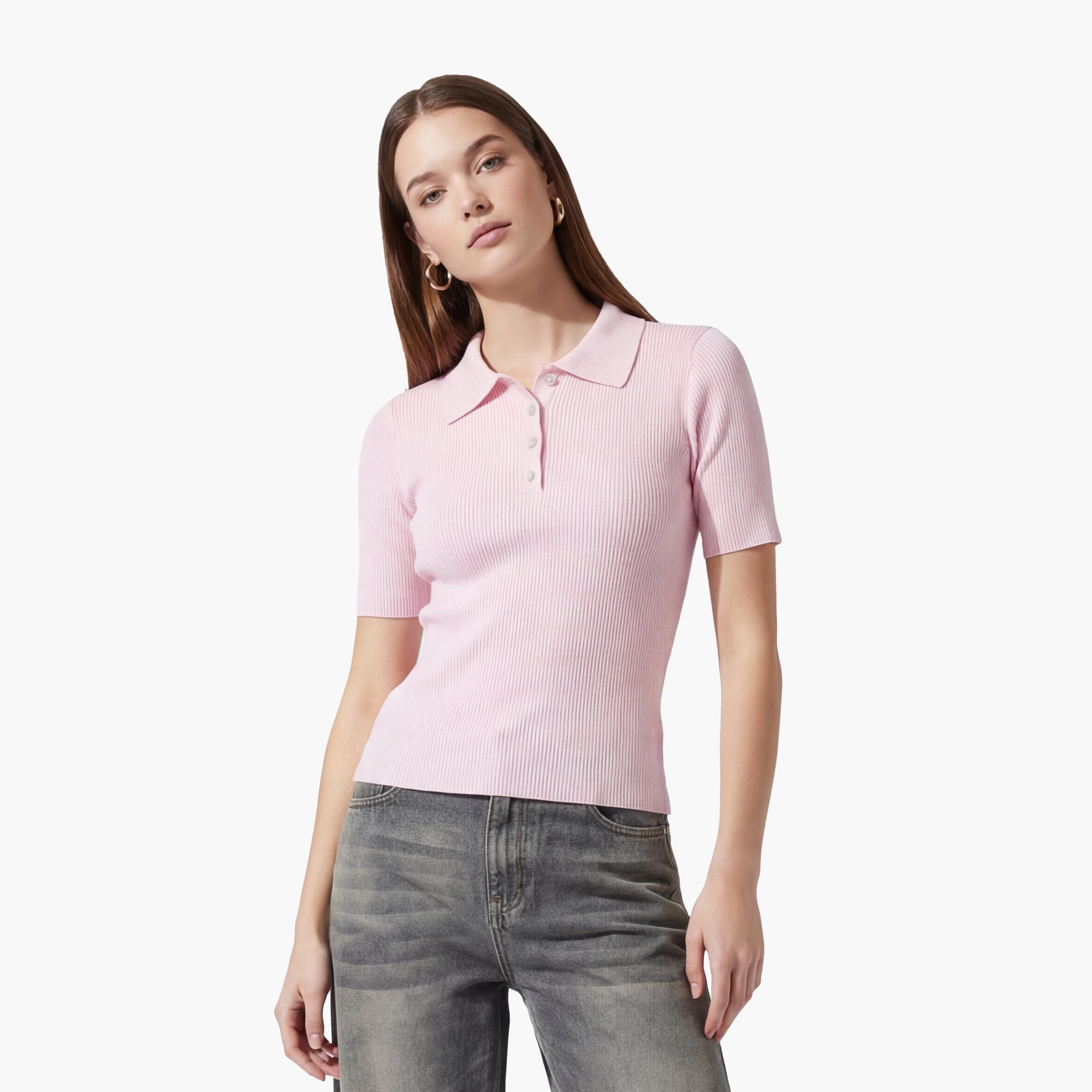 تيشيرت بولو محبوك وردي بياقة مضلعة للنساء من كوتون-women-clothing-tshirts-image-1