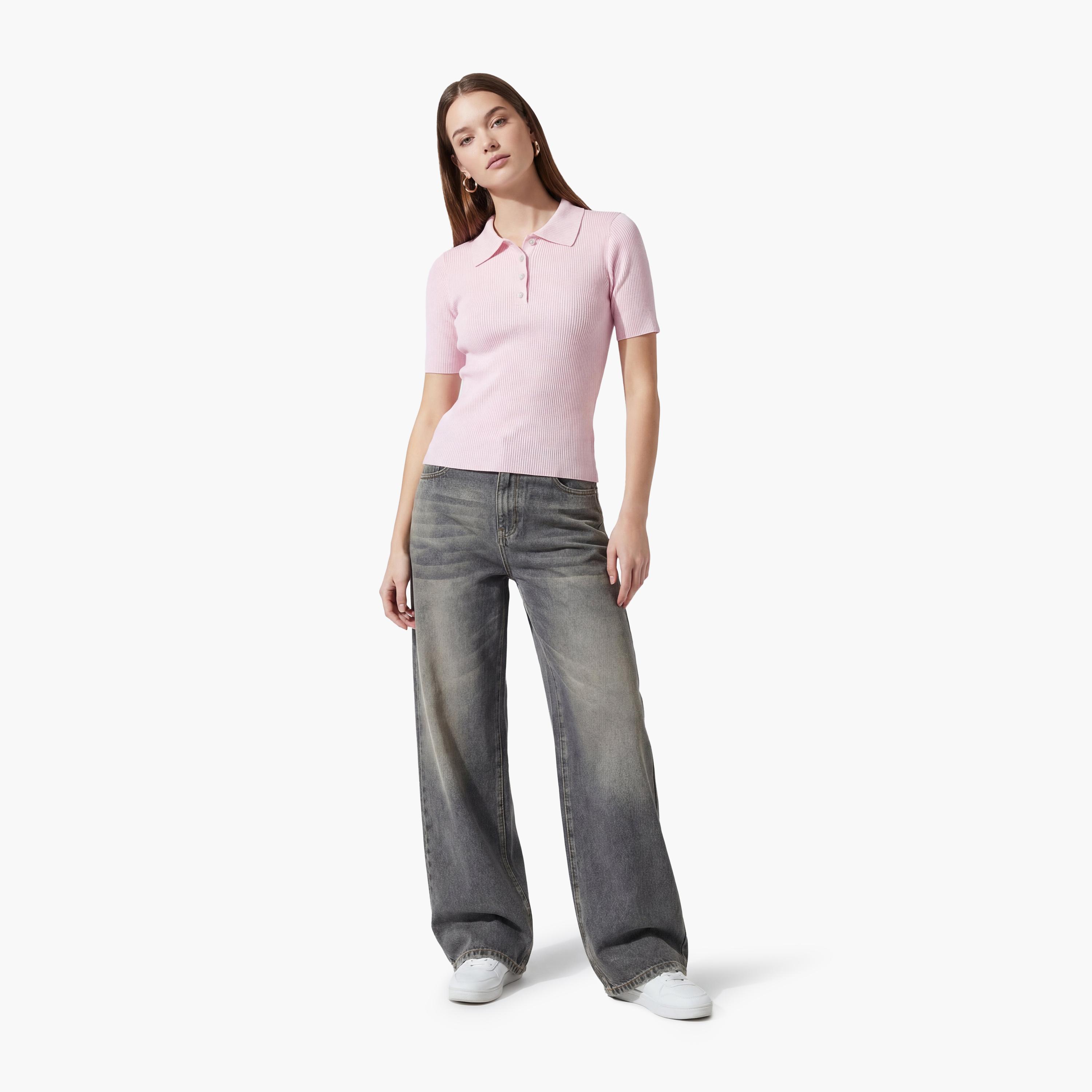تيشيرت بولو محبوك وردي بياقة مضلعة للنساء من كوتون-women-clothing-tshirts-image-2